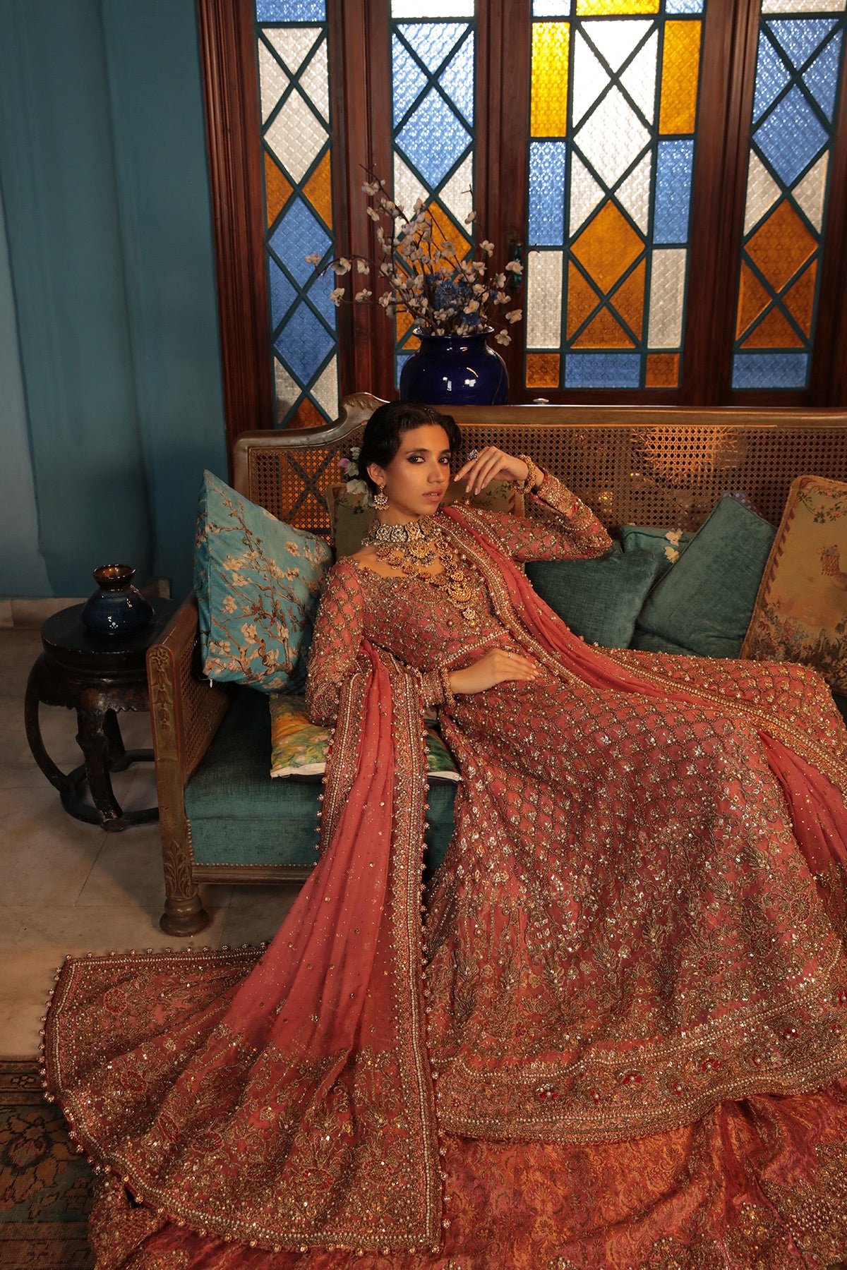 Coral Mukesh Organza & Jamawar Lehnga (3-Piece) - Image 2