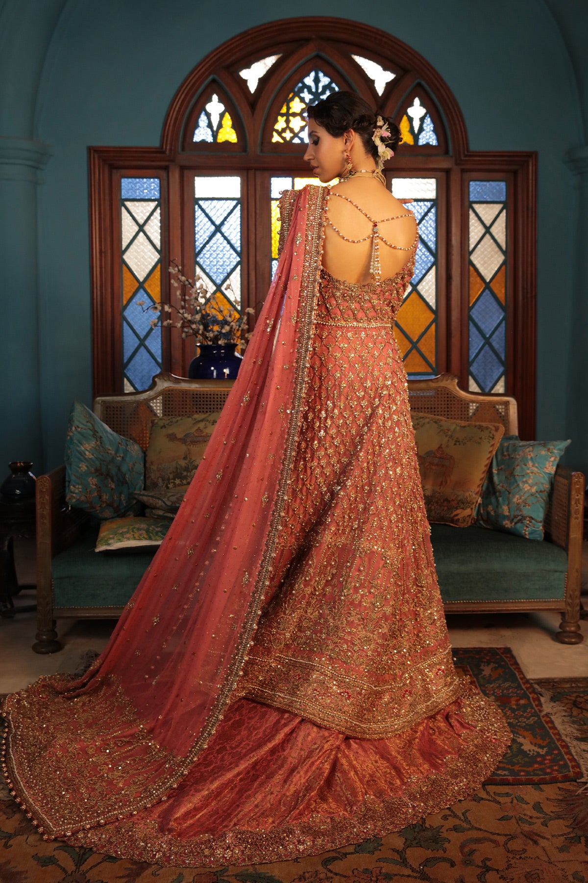 Coral Mukesh Organza & Jamawar Lehnga (3-Piece) - Image 3