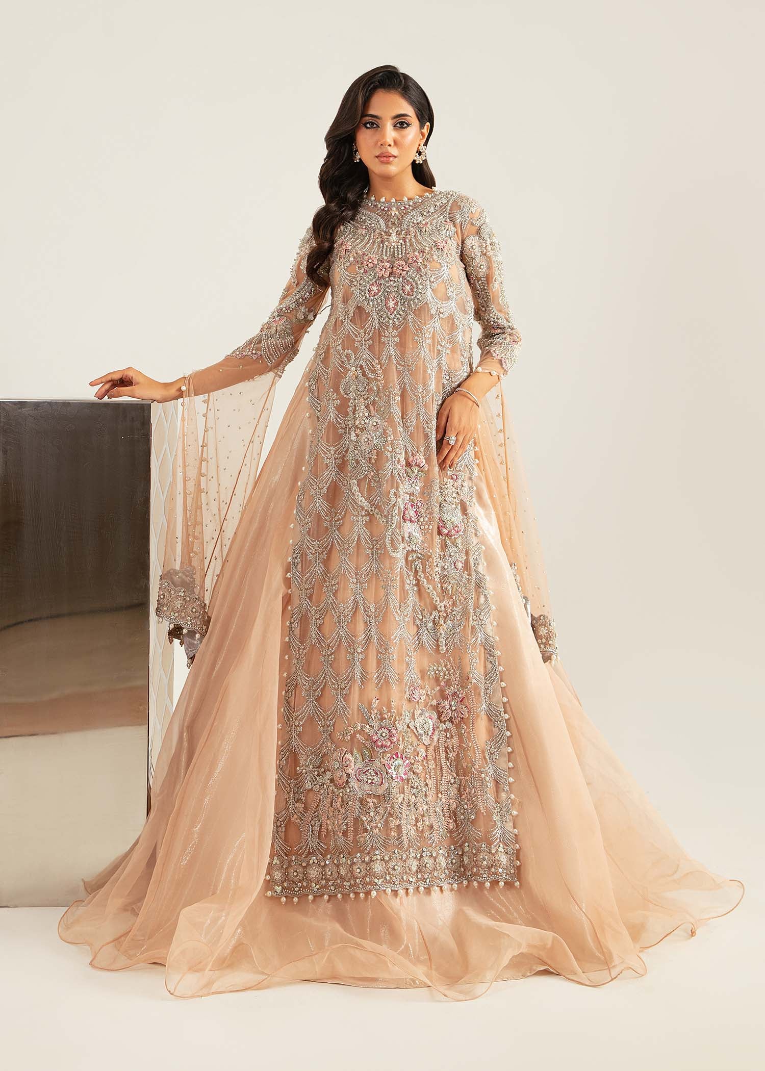 Pakistani Powder Pink Embellished Net & Organza Lehenga (3-Piece) - Image 1