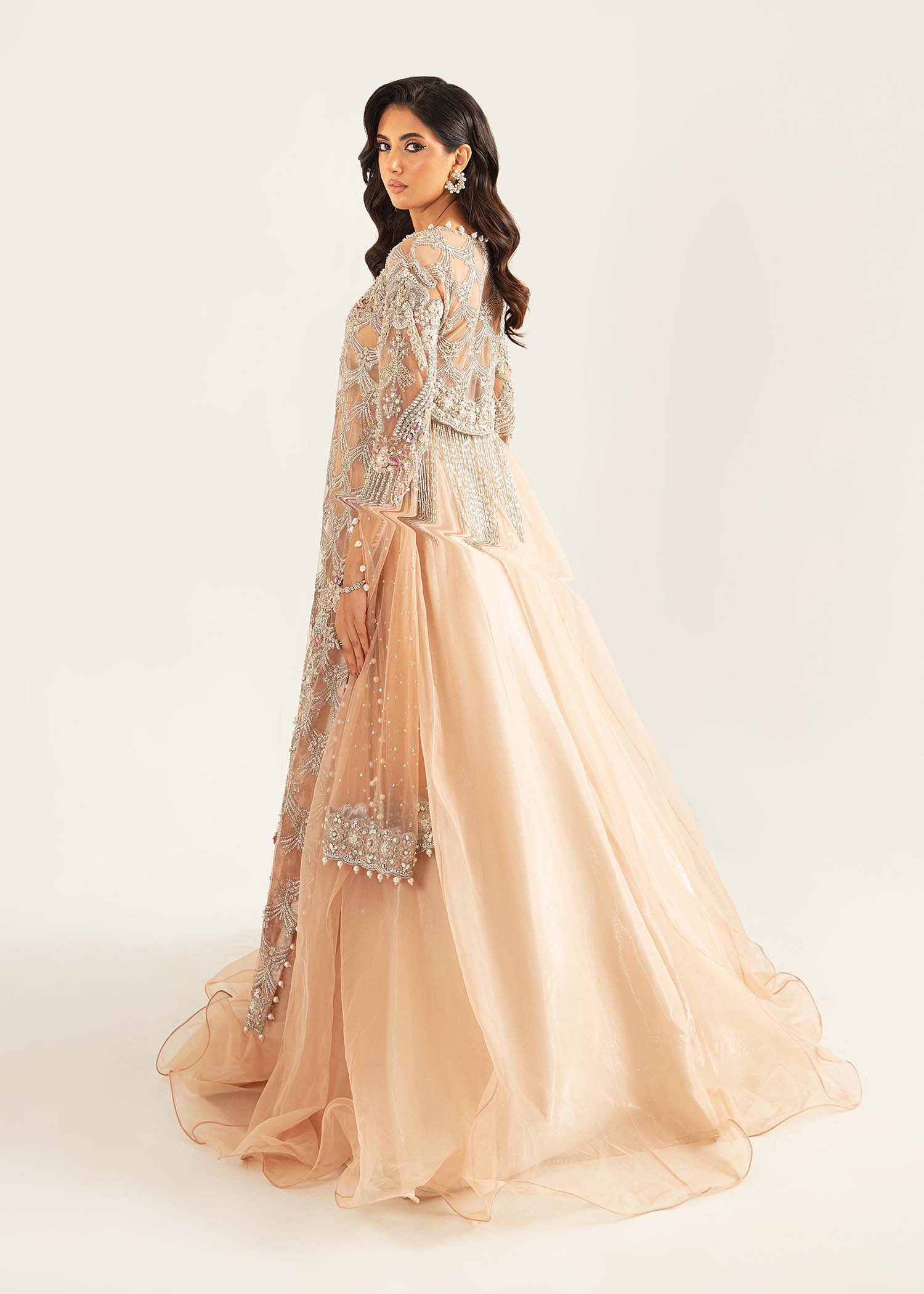 Pakistani Powder Pink Embellished Net & Organza Lehenga (3-Piece) - Image 4
