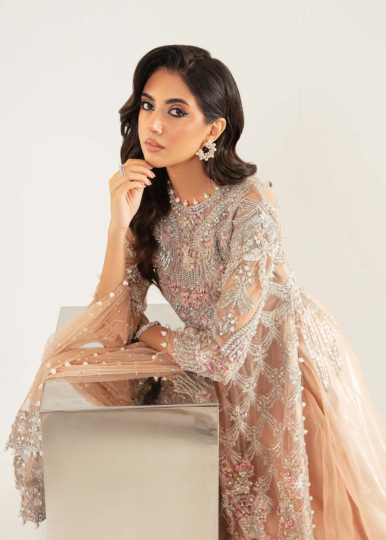 Pakistani Powder Pink Embellished Net & Organza Lehenga (3-Piece) - Image 5