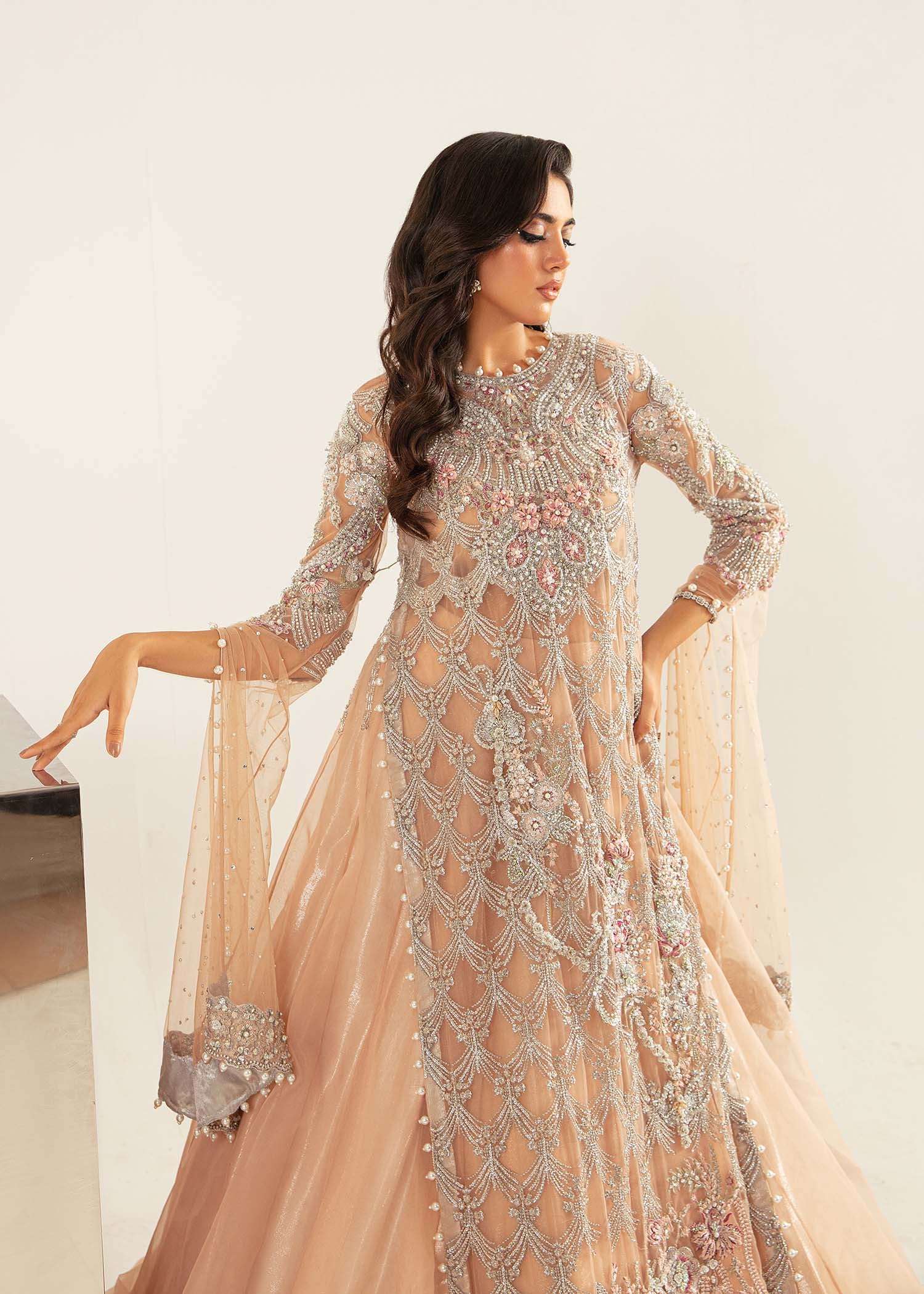 Pakistani Powder Pink Embellished Net & Organza Lehenga (3-Piece) - Image 6