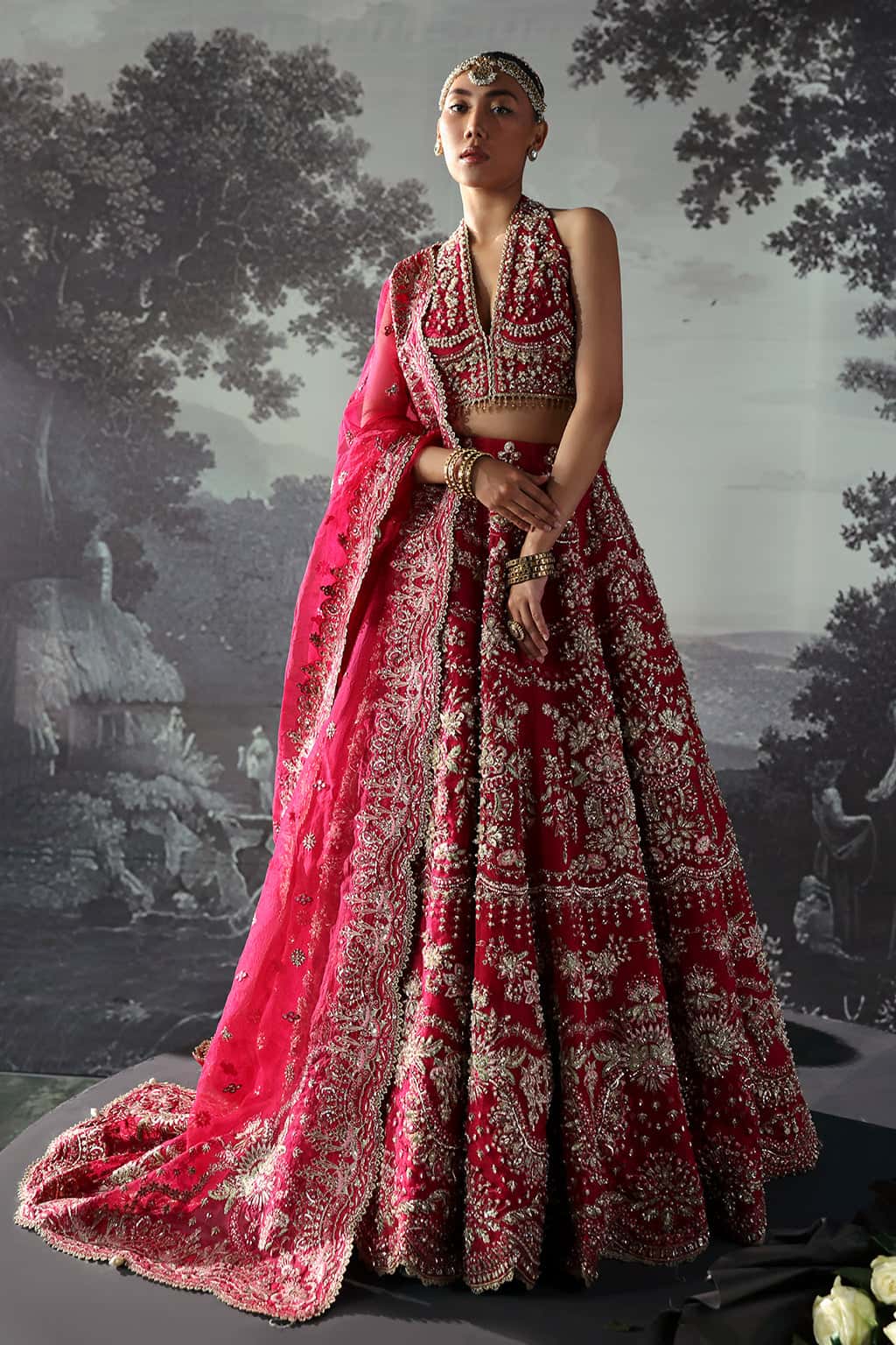 Fuchsia Pink Hand-Embellished Organza Lehenga Choli (3-Piece) - Image 1