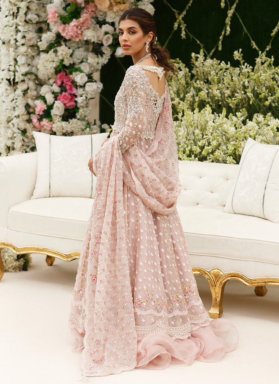 Pakistani Sea Shell Pink Embroidered Organza Lehenga Set (3-Piece) - Image 10