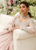 Pakistani Sea Shell Pink Embroidered Organza Lehenga Set (3-Piece) - Image 4