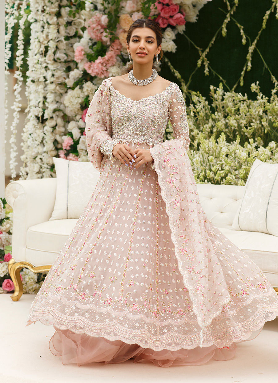 Pakistani Sea Shell Pink Embroidered Organza Lehenga Set (3-Piece) - Image 8