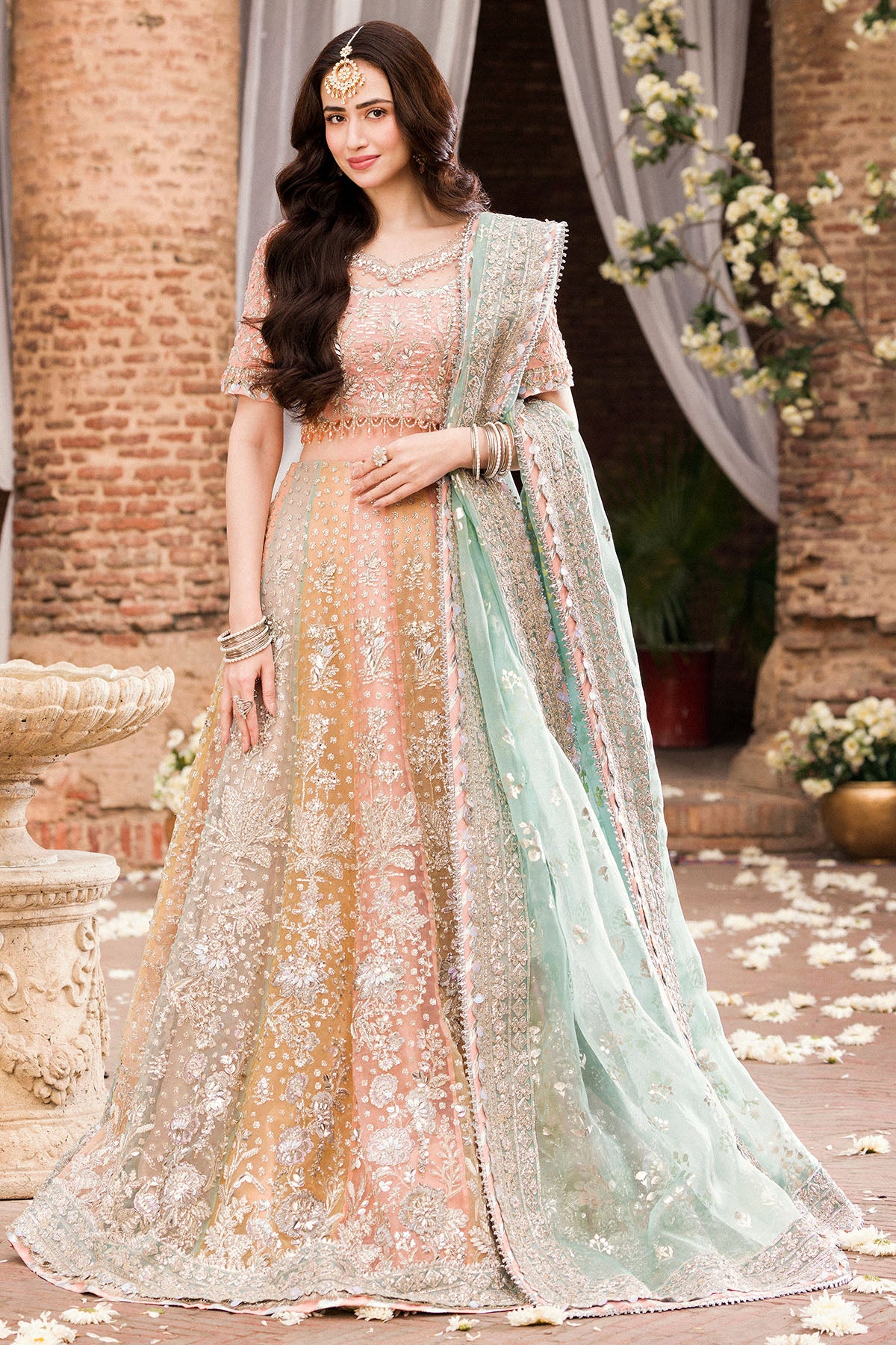Pakistani Pale Pink Embellished Organza Lehenga Set (3-Piece) - Image 1