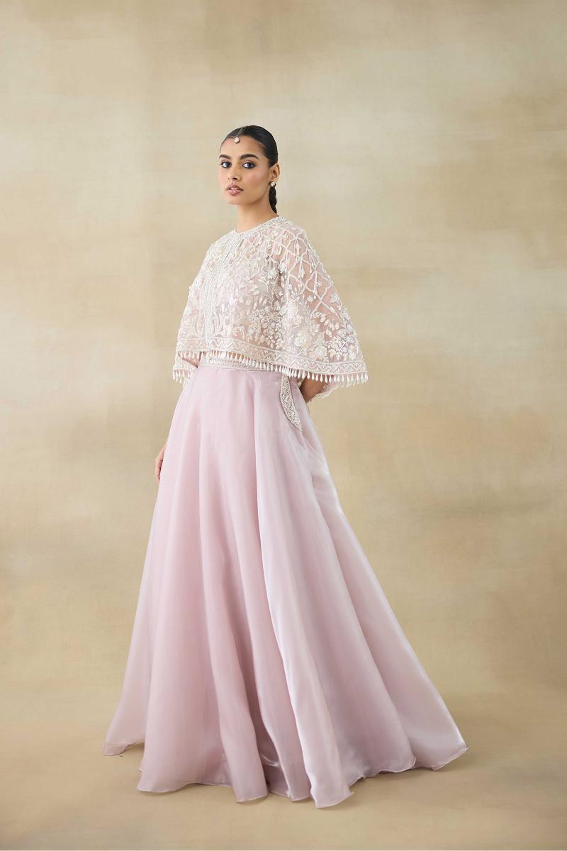 Indian Champagne Pink Embroidered Organza Tissue Lehenga (3-Piece) - Image 2