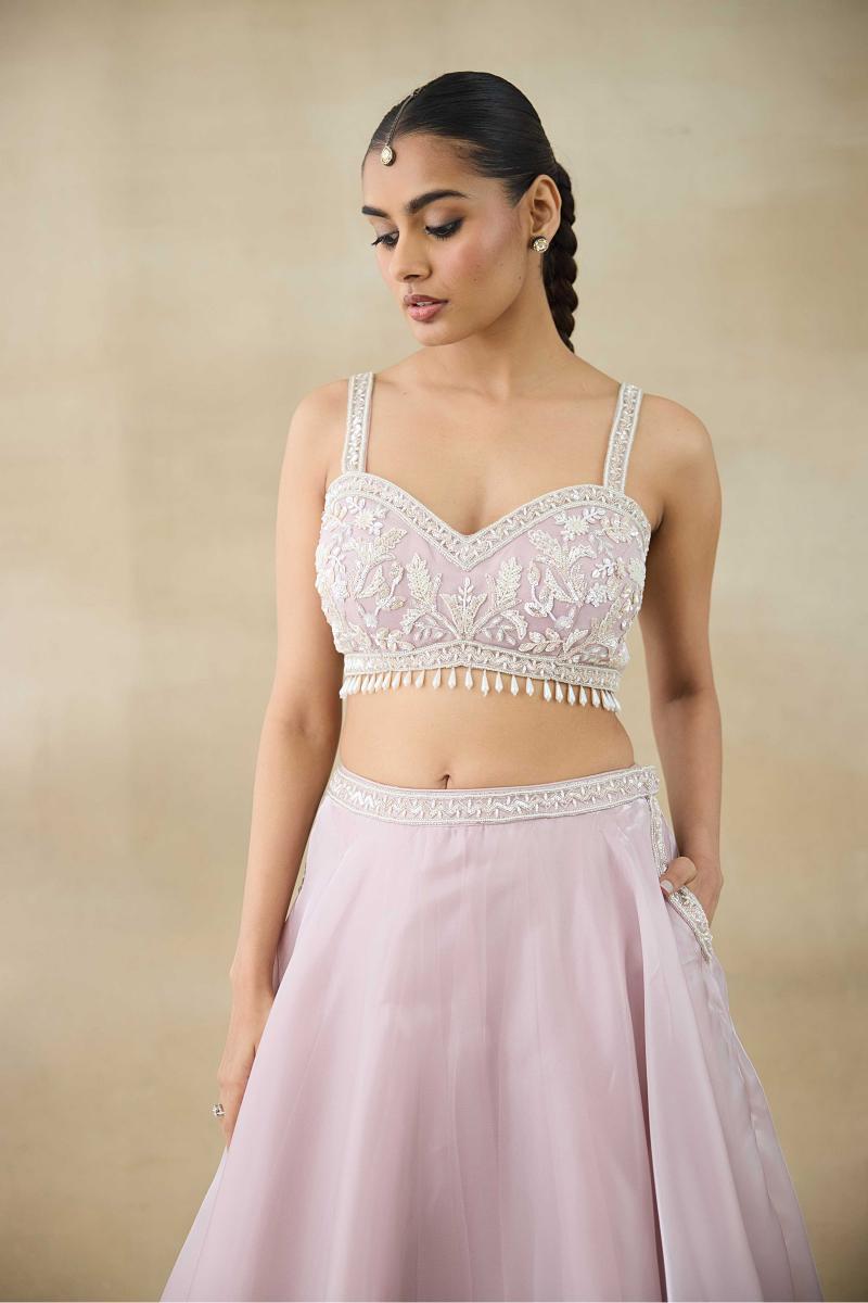 Indian Champagne Pink Embroidered Organza Tissue Lehenga (3-Piece) - Image 3