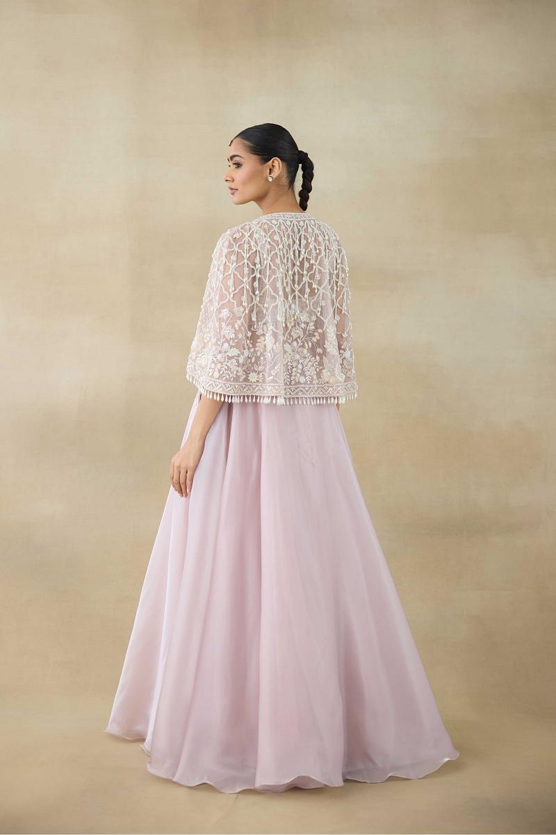 Indian Champagne Pink Embroidered Organza Tissue Lehenga (3-Piece) - Image 4