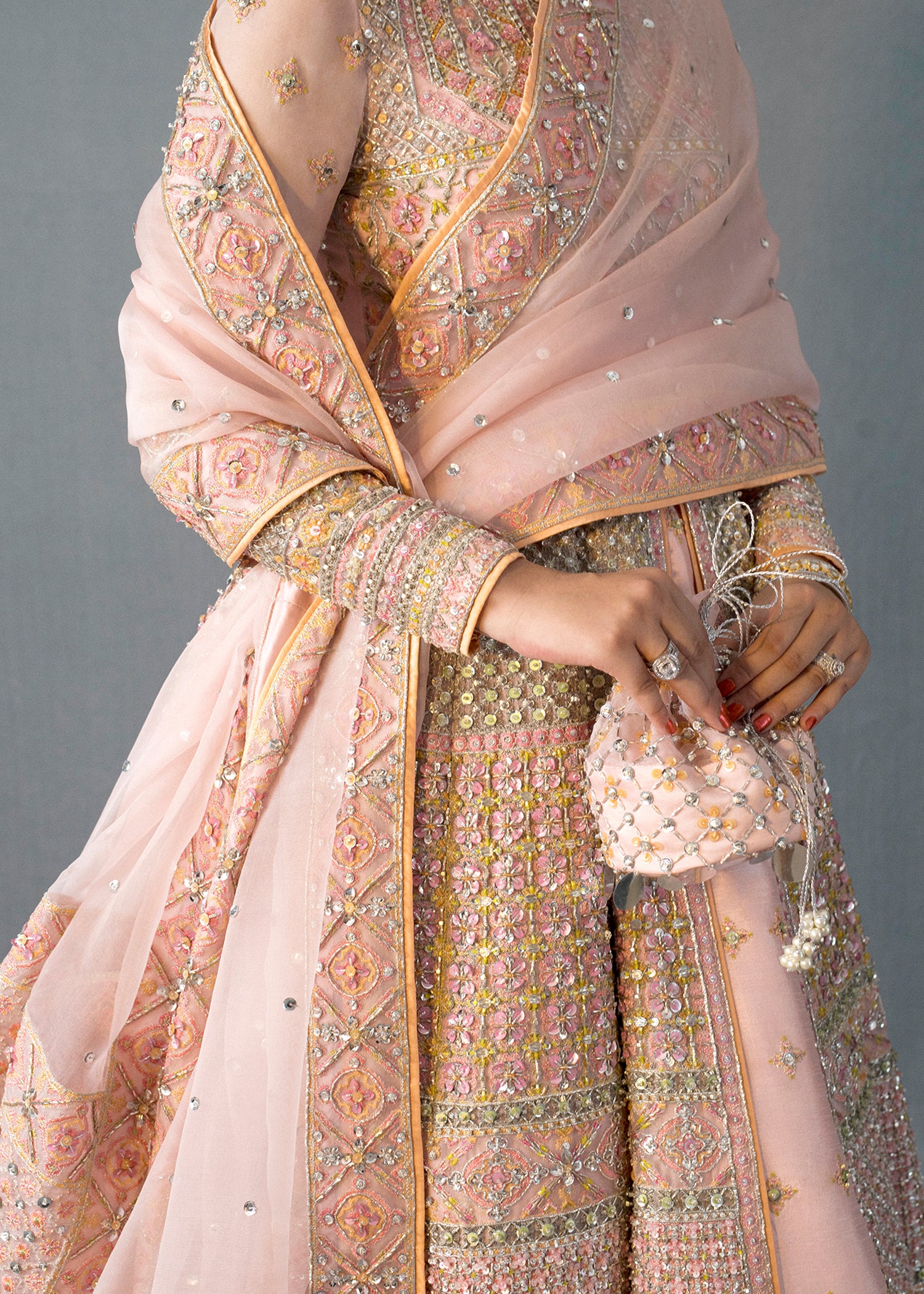 Powder Pink Embroidered Organza Gown with Lehenga (3-Piece) - Image 11