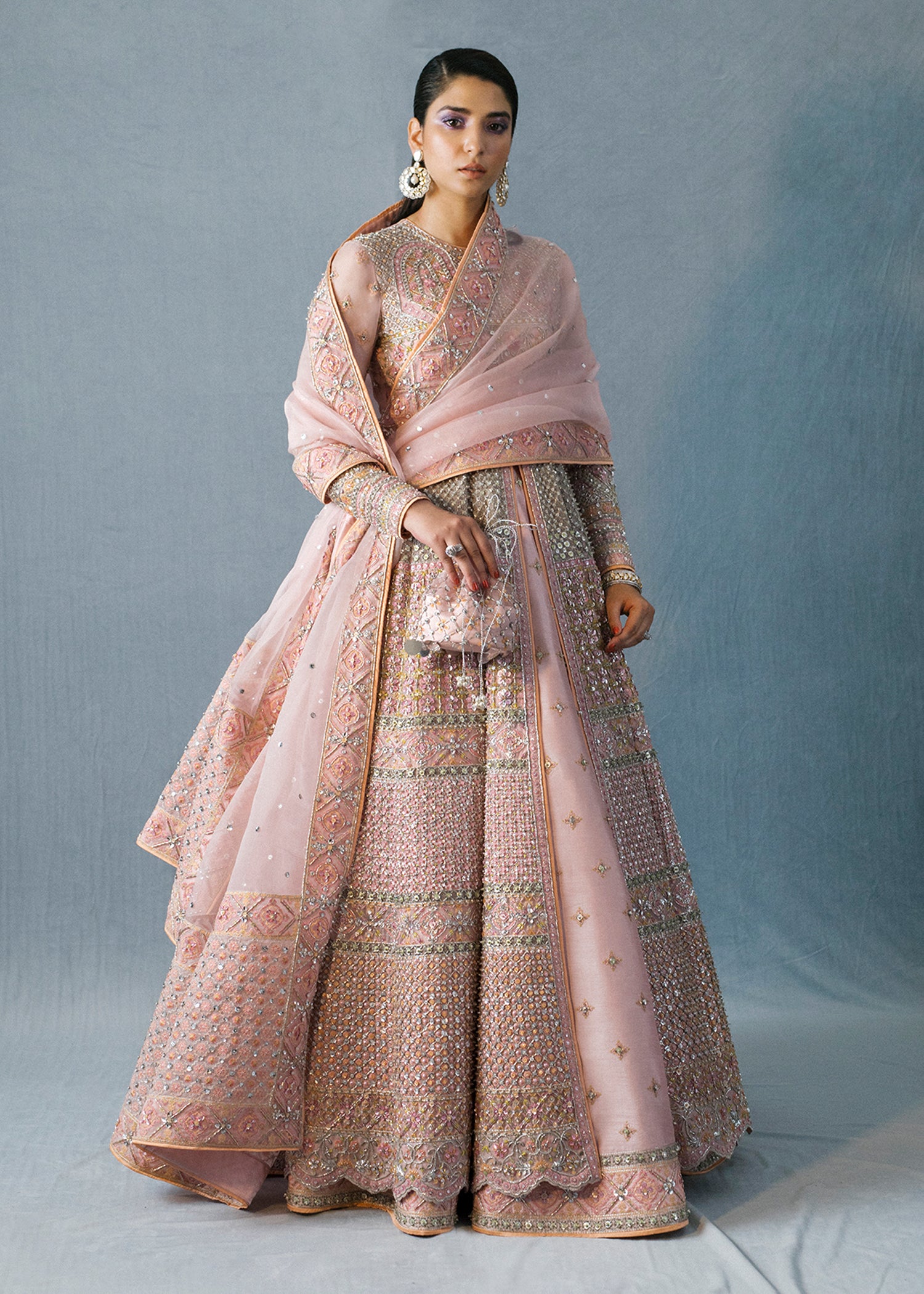 Powder Pink Embroidered Organza Gown with Lehenga (3-Piece) - Image 12