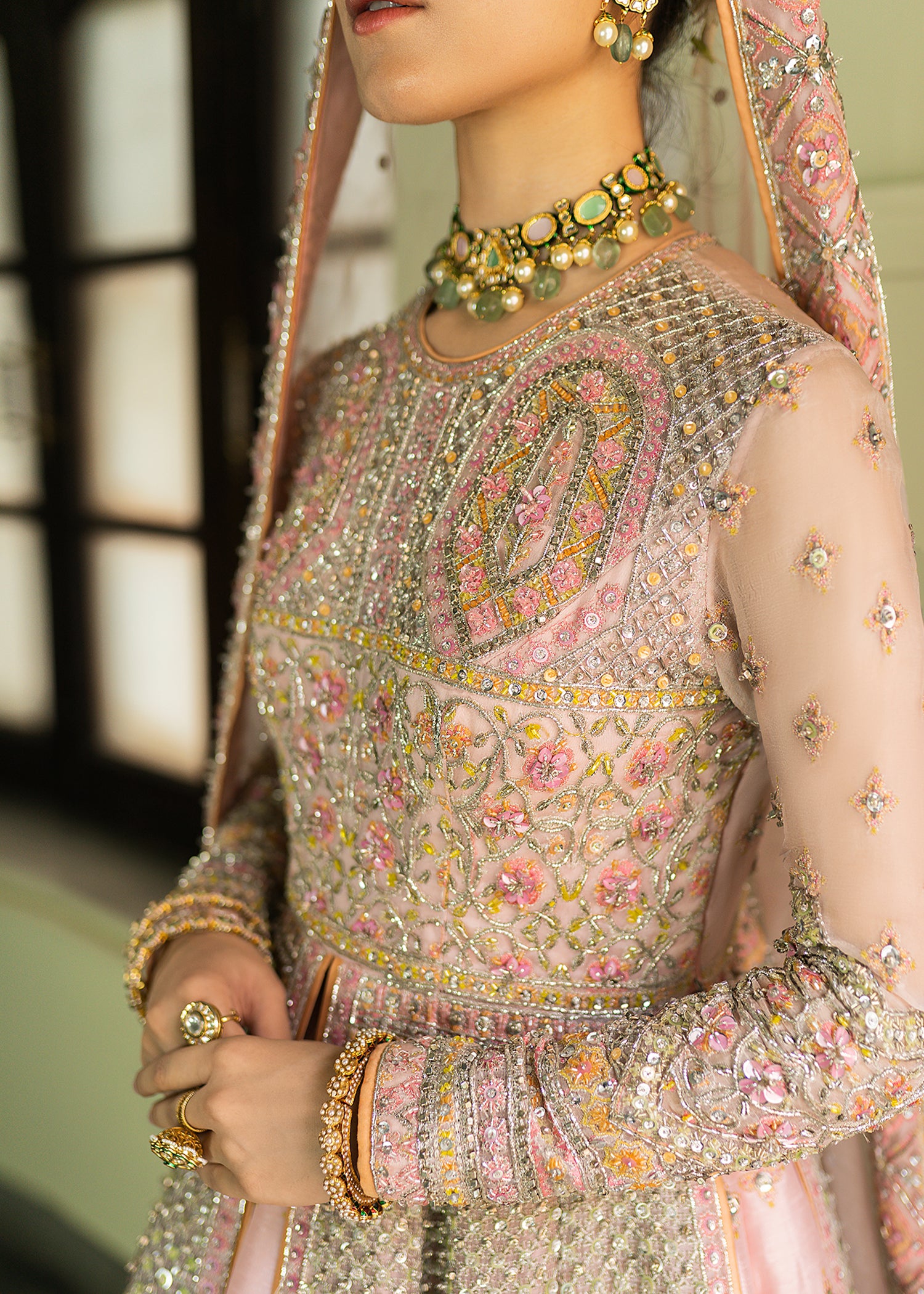 Powder Pink Embroidered Organza Gown with Lehenga (3-Piece) - Image 13