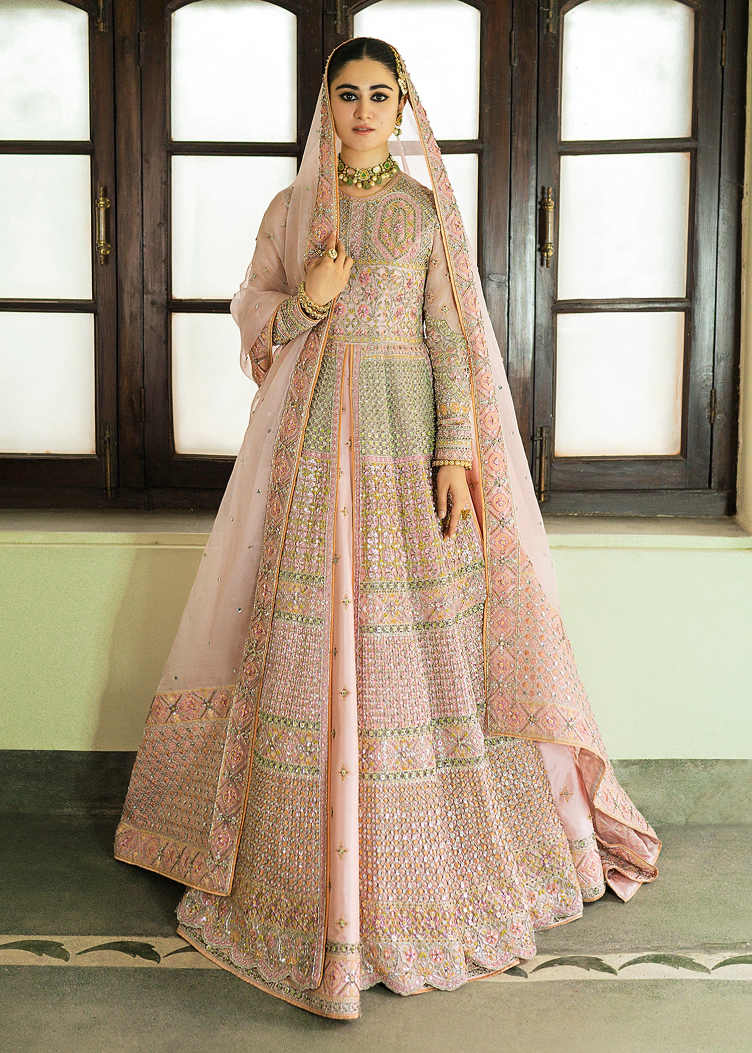 Powder Pink Embroidered Organza Gown with Lehenga (3-Piece) - Image 2