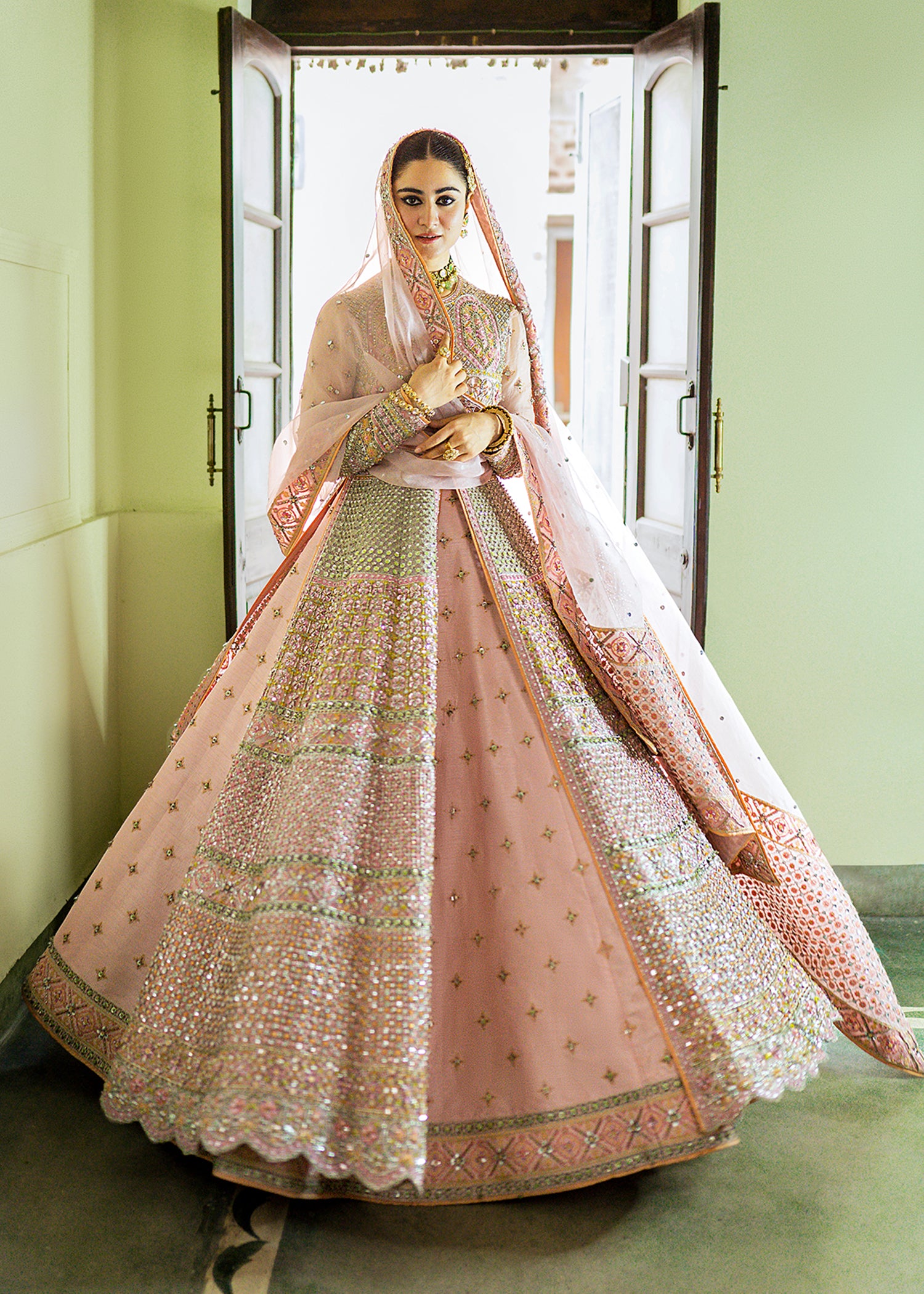 Powder Pink Embroidered Organza Gown with Lehenga (3-Piece) - Image 3