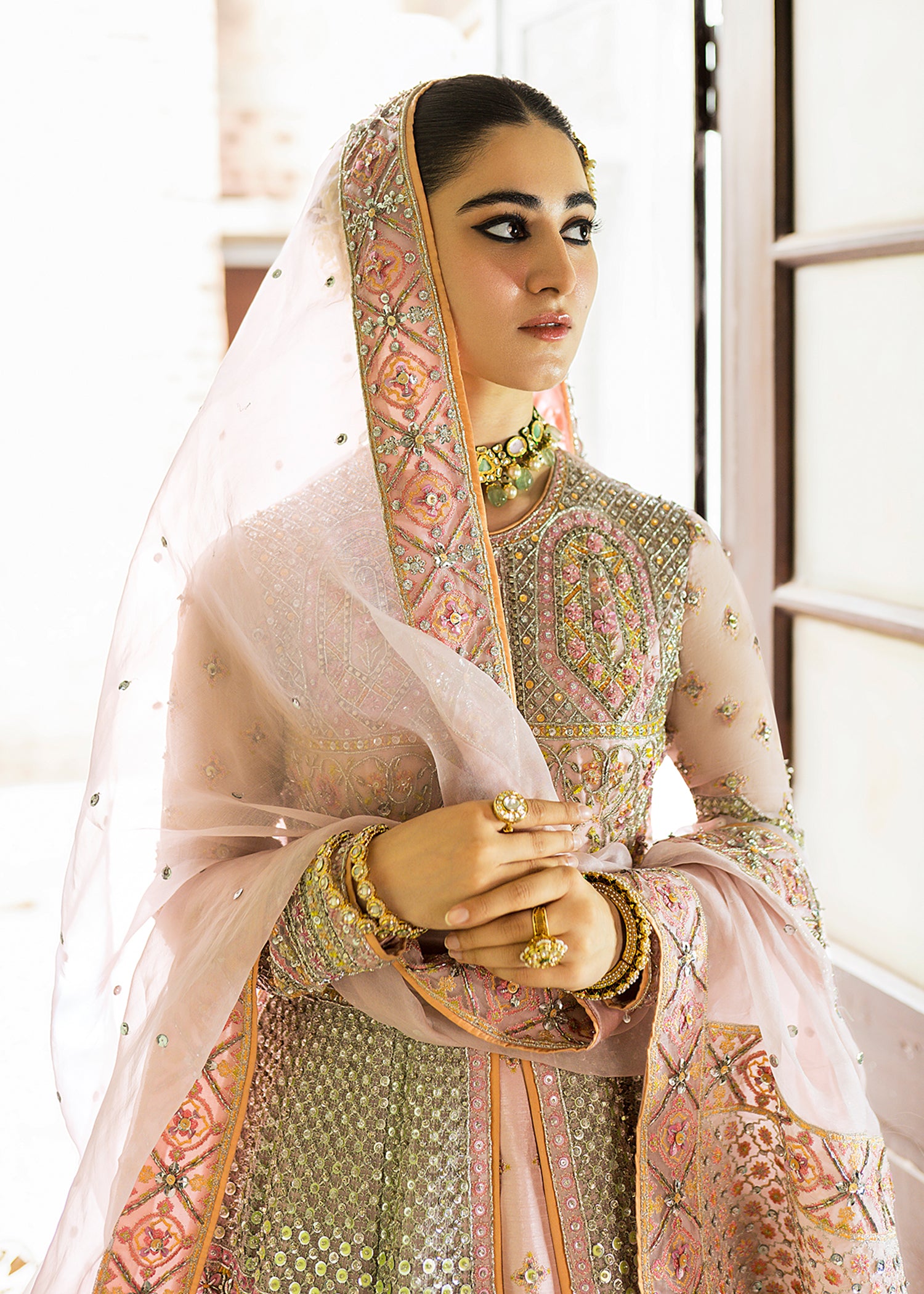 Powder Pink Embroidered Organza Gown with Lehenga (3-Piece) - Image 4