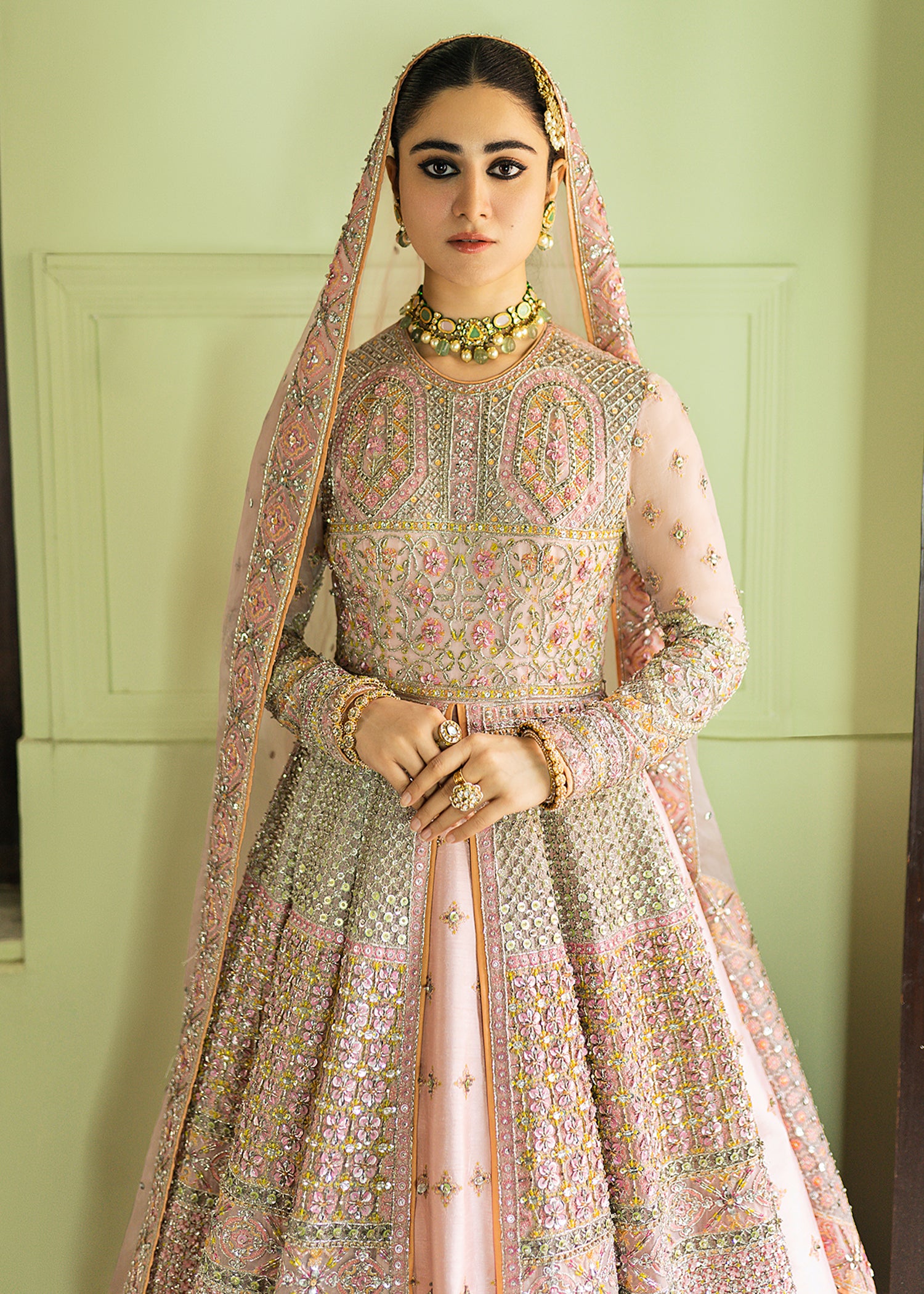 Powder Pink Embroidered Organza Gown with Lehenga (3-Piece) - Image 5