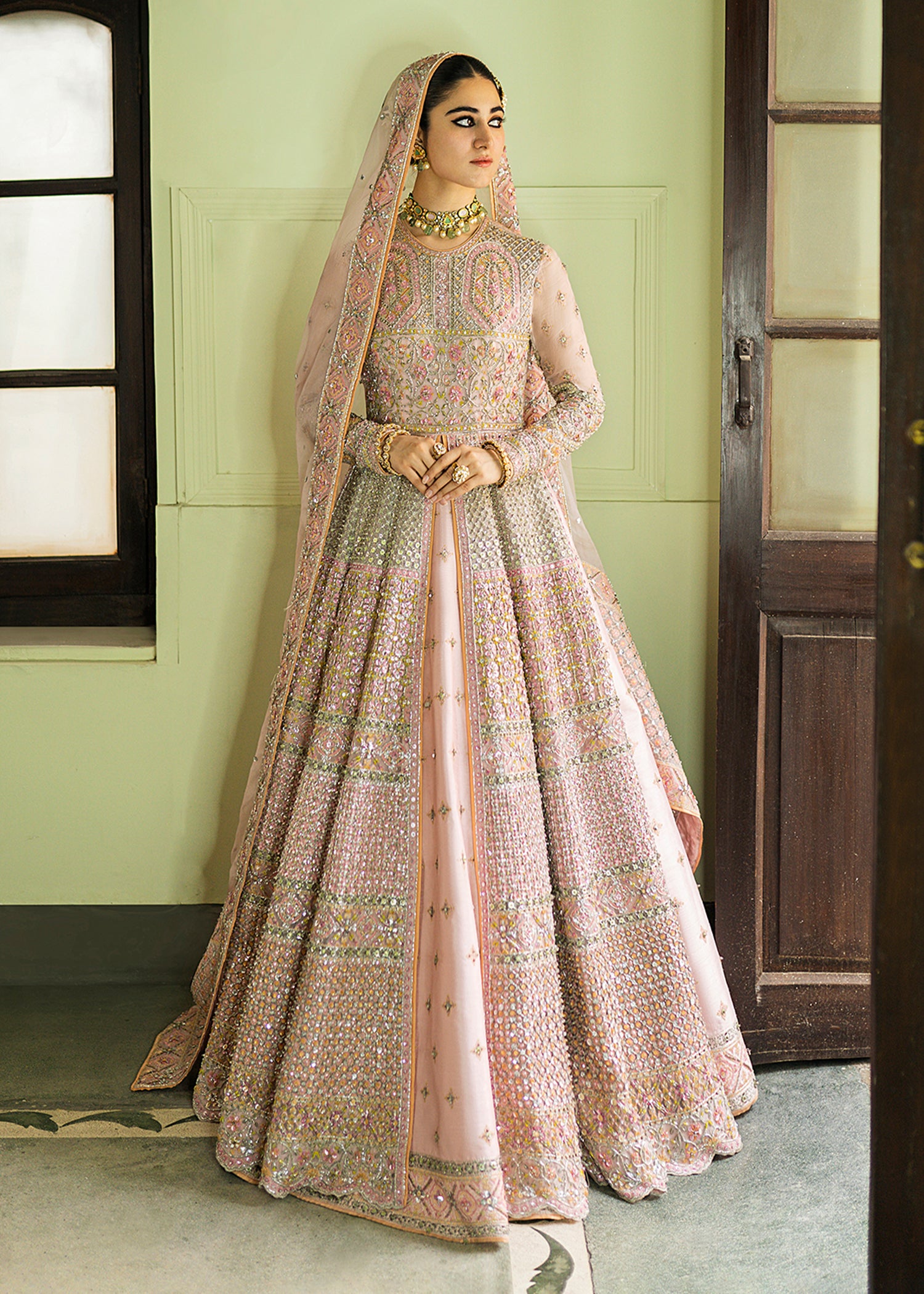 Powder Pink Embroidered Organza Gown with Lehenga (3-Piece) - Image 6