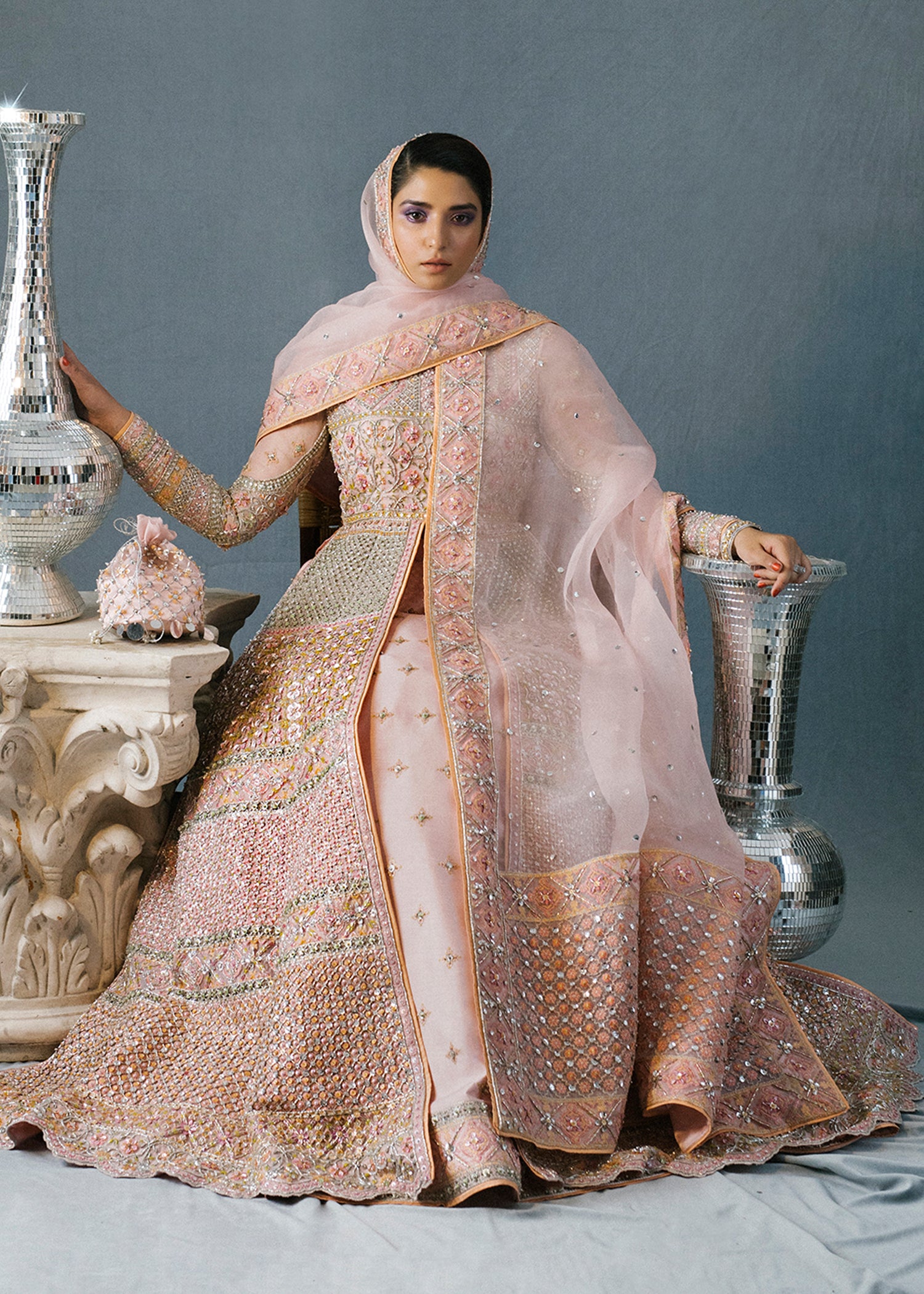 Powder Pink Embroidered Organza Gown with Lehenga (3-Piece) - Image 8