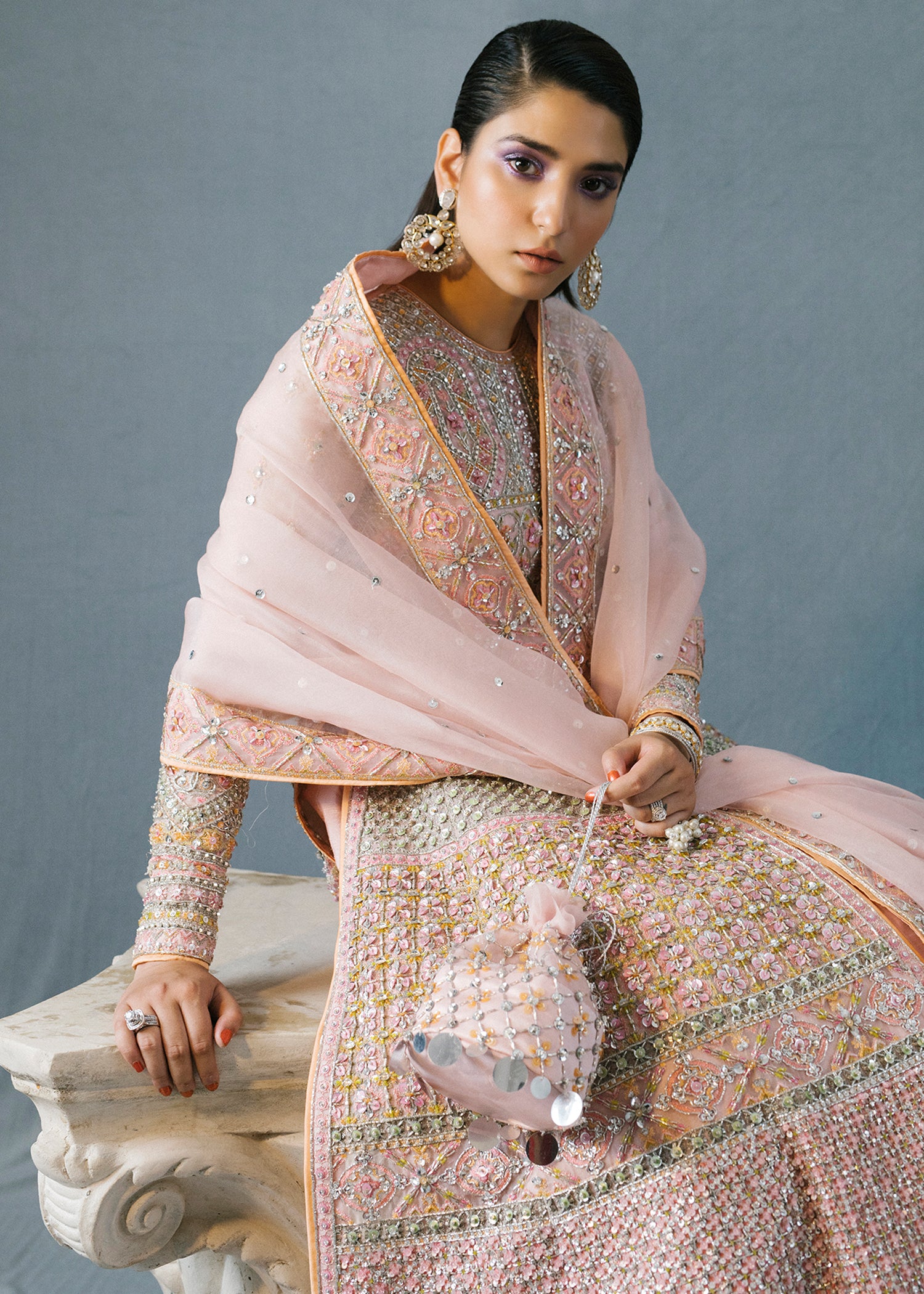 Powder Pink Embroidered Organza Gown with Lehenga (3-Piece) - Image 9