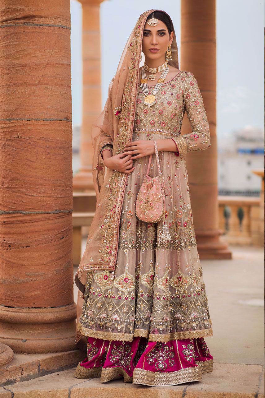 Nude Pink Embroidered Organza Kalidar Lehenga (3-Piece) - Image 1
