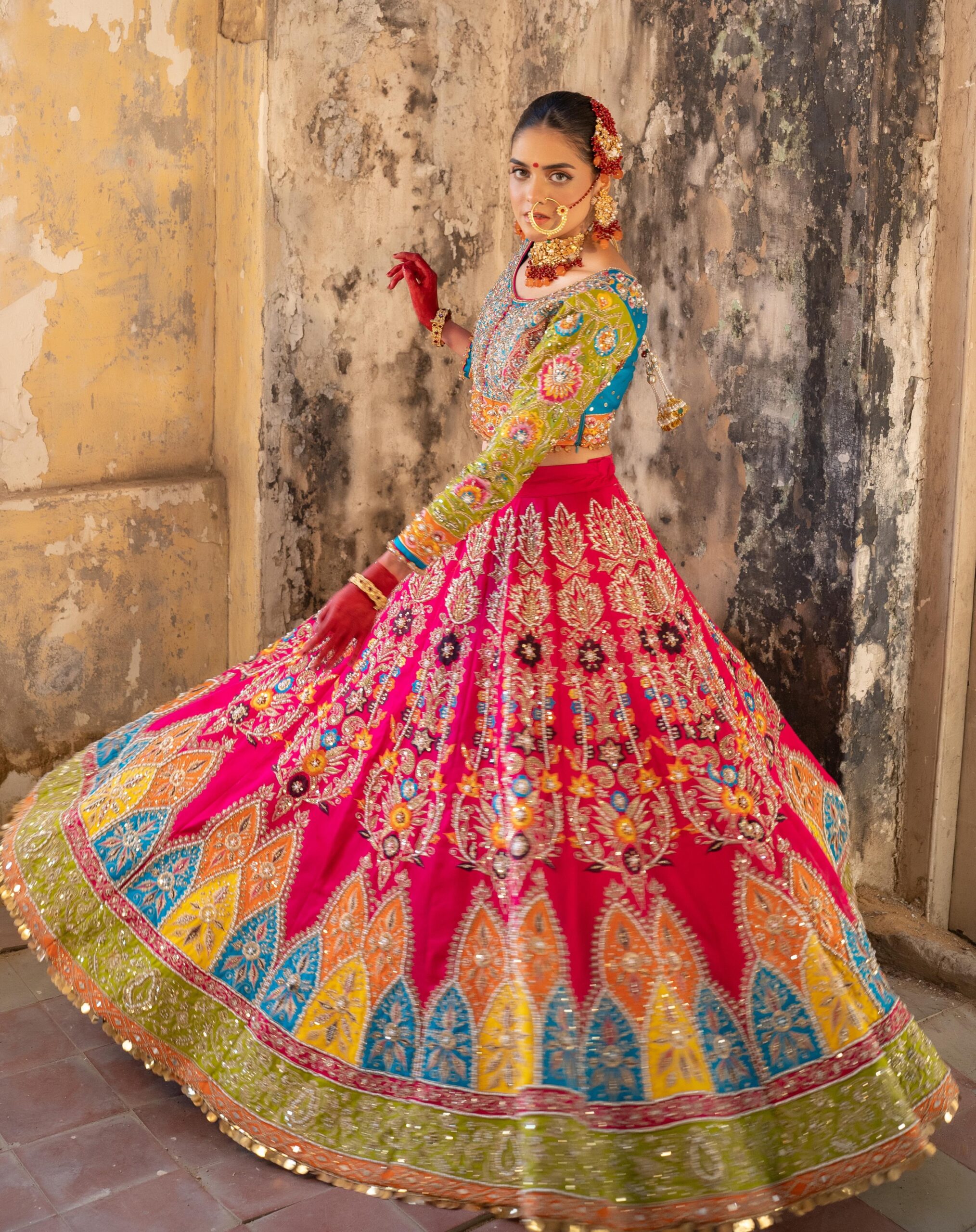 Multicolour Embroidered Organza & Satin Silk Bridal Lehenga (3-Piece) - Image 1
