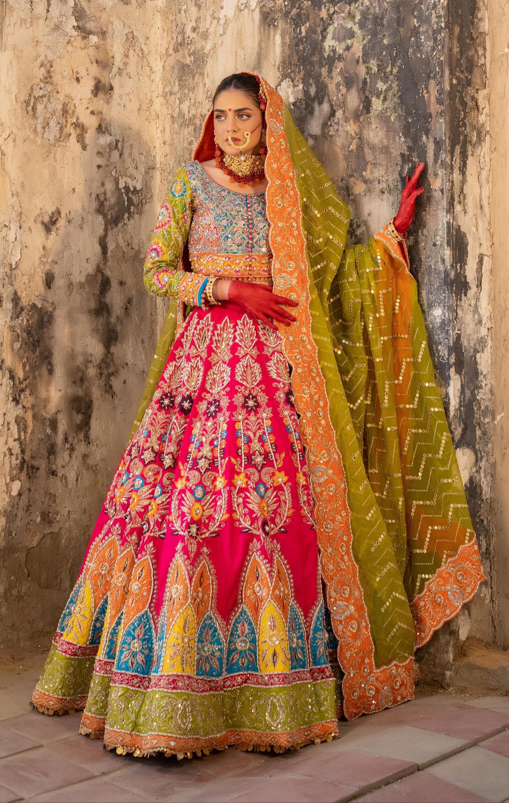 Multicolour Embroidered Organza & Satin Silk Bridal Lehenga (3-Piece) - Image 2