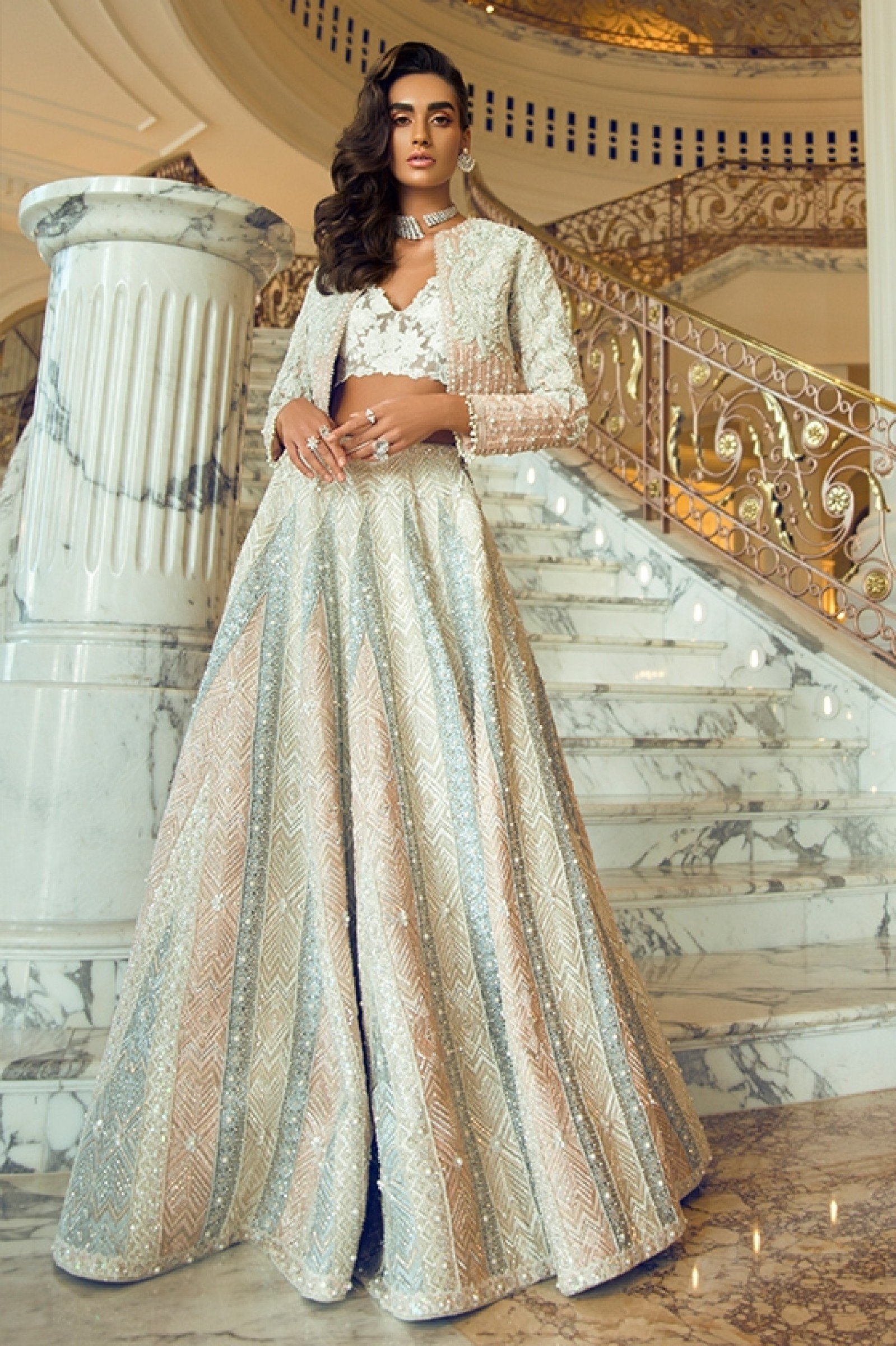 Pakistani Pastel Embellished Net Organza Lehenga (2-Piece) - Image 1
