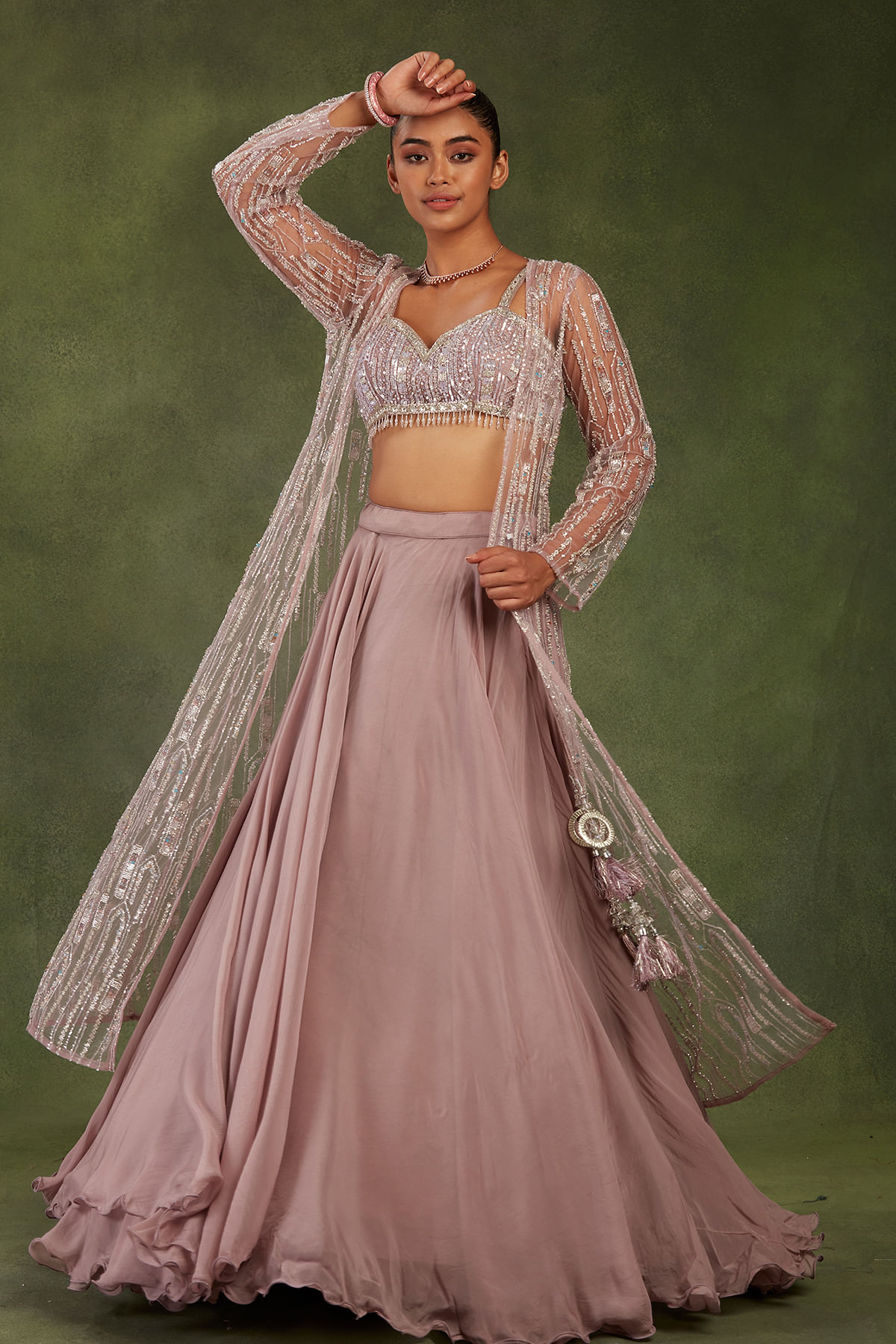 Indian Dusty Rose Pink Embellished Net & Organza Lehenga (3-Piece) - Image 1
