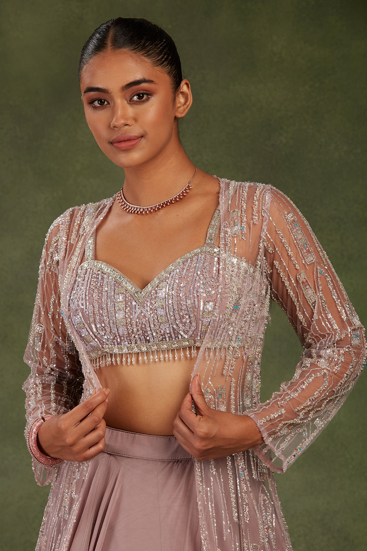 Indian Dusty Rose Pink Embellished Net & Organza Lehenga (3-Piece) - Image 2