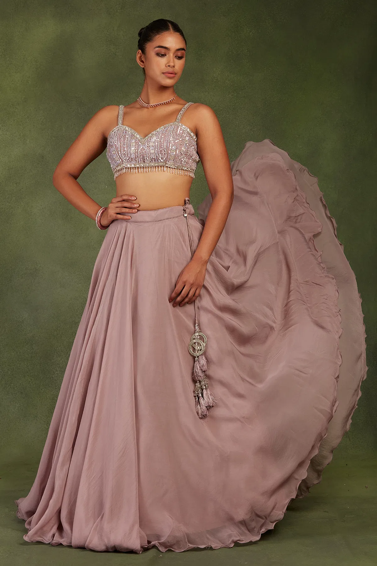 Indian Dusty Rose Pink Embellished Net & Organza Lehenga (3-Piece) - Image 3