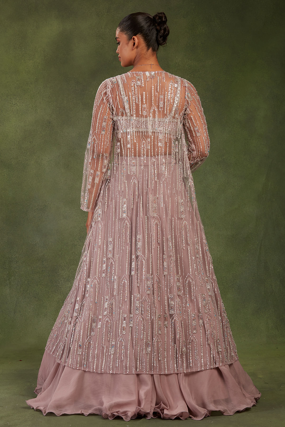 Indian Dusty Rose Pink Embellished Net & Organza Lehenga (3-Piece) - Image 5