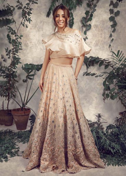 Pakistani Peach Embellished Organza & Silk Lehenga (2-Piece) - Image 1
