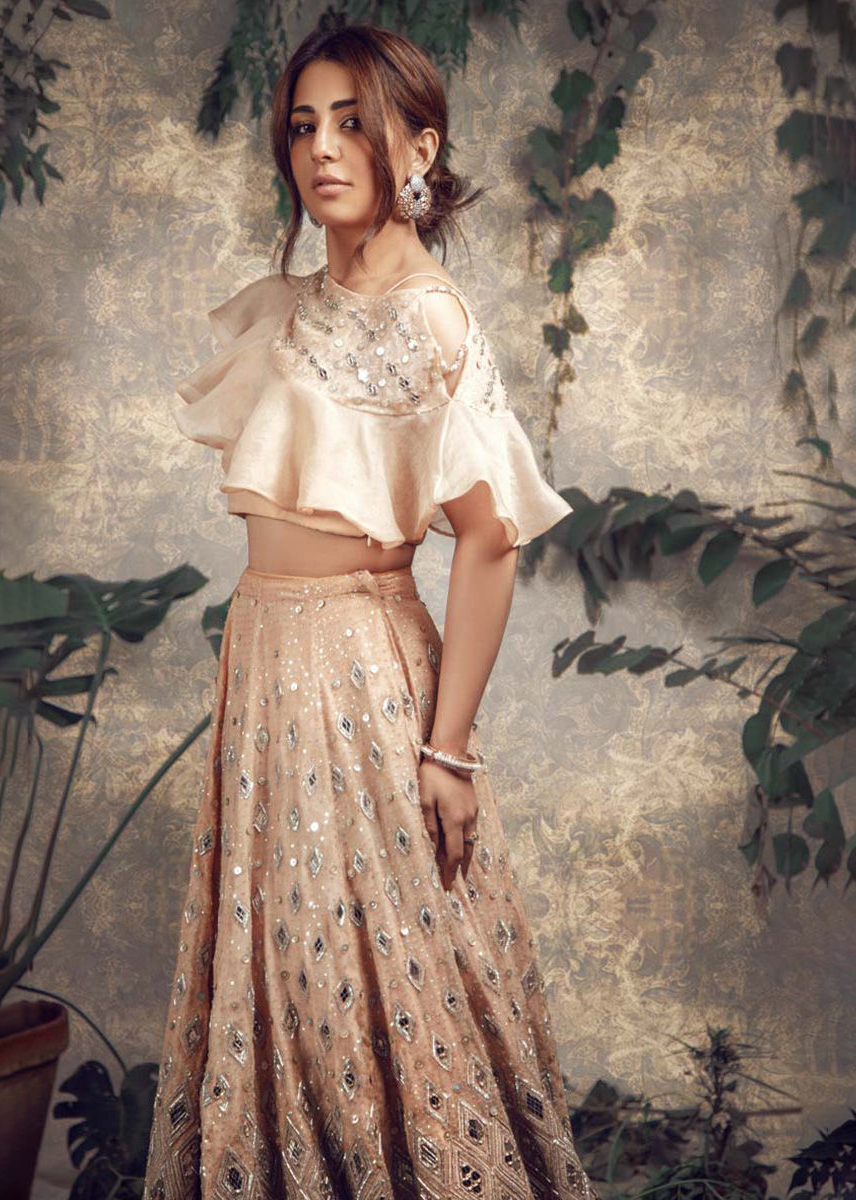 Pakistani Peach Embellished Organza & Silk Lehenga (2-Piece) - Image 3
