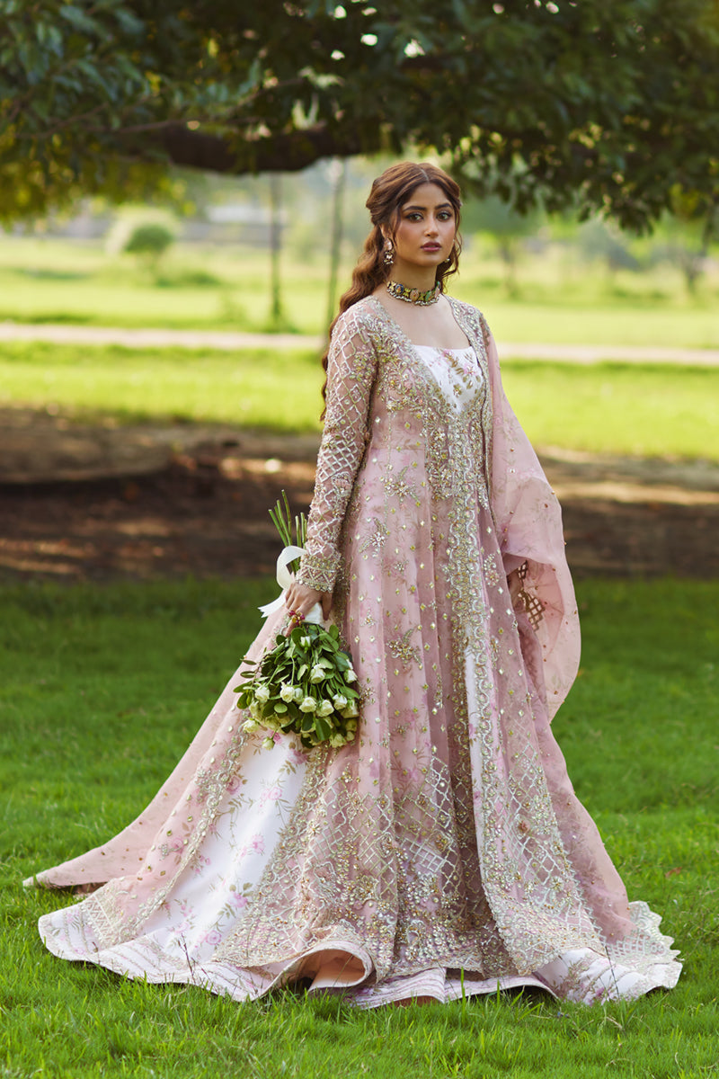 Pakistani Blush Pink Gota Embroidered Organza Bridal Lehenga (3-Piece) - Image 1