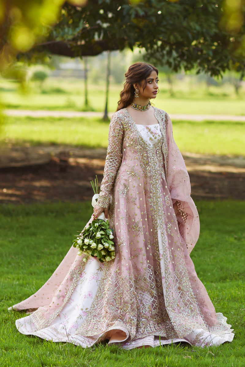 Pakistani Blush Pink Gota Embroidered Organza Bridal Lehenga (3-Piece) - Image 2