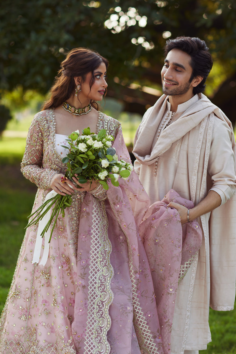 Pakistani Blush Pink Gota Embroidered Organza Bridal Lehenga (3-Piece) - Image 6
