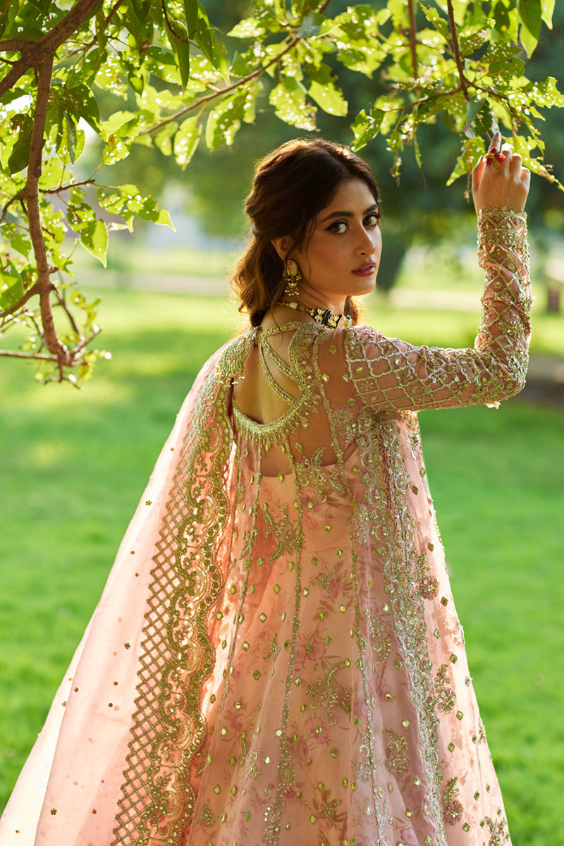 Pakistani Blush Pink Gota Embroidered Organza Bridal Lehenga (3-Piece) - Image 8