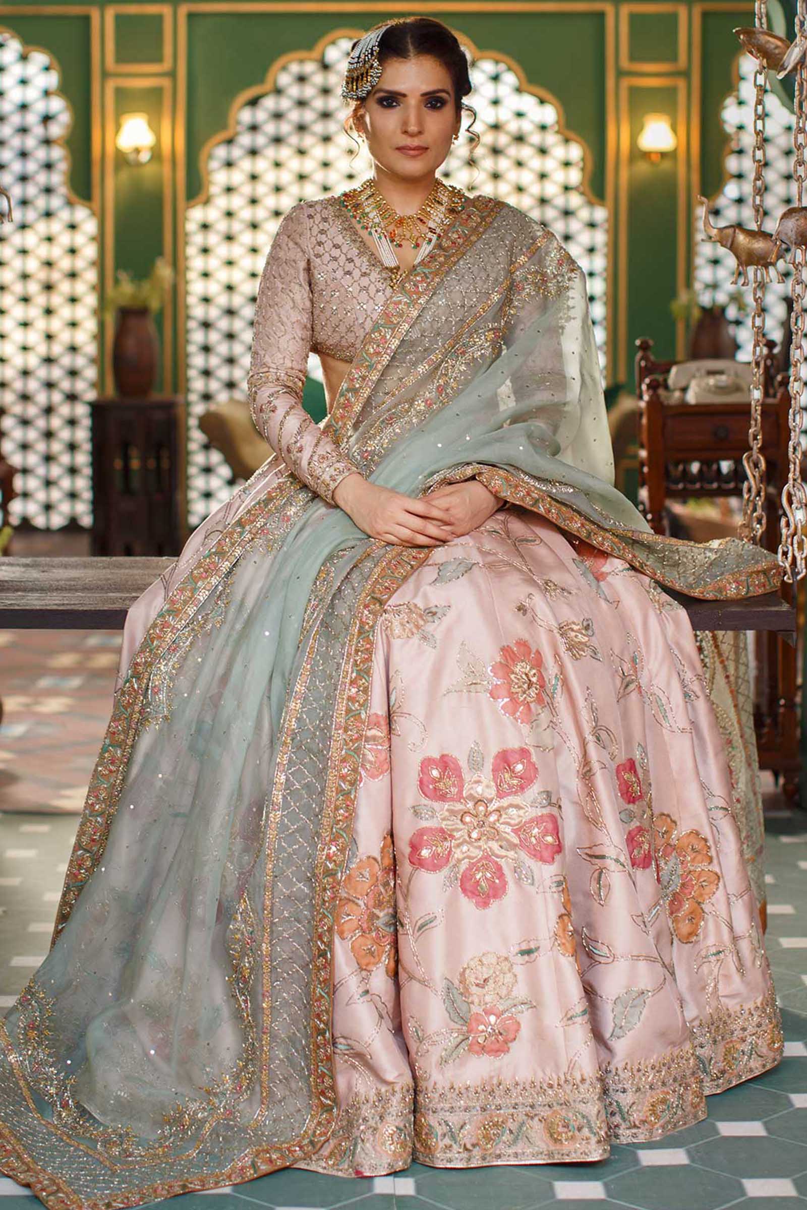 Pakistani Chai Pink Embroidered Organza Lehenga (3-Piece) - Image 1