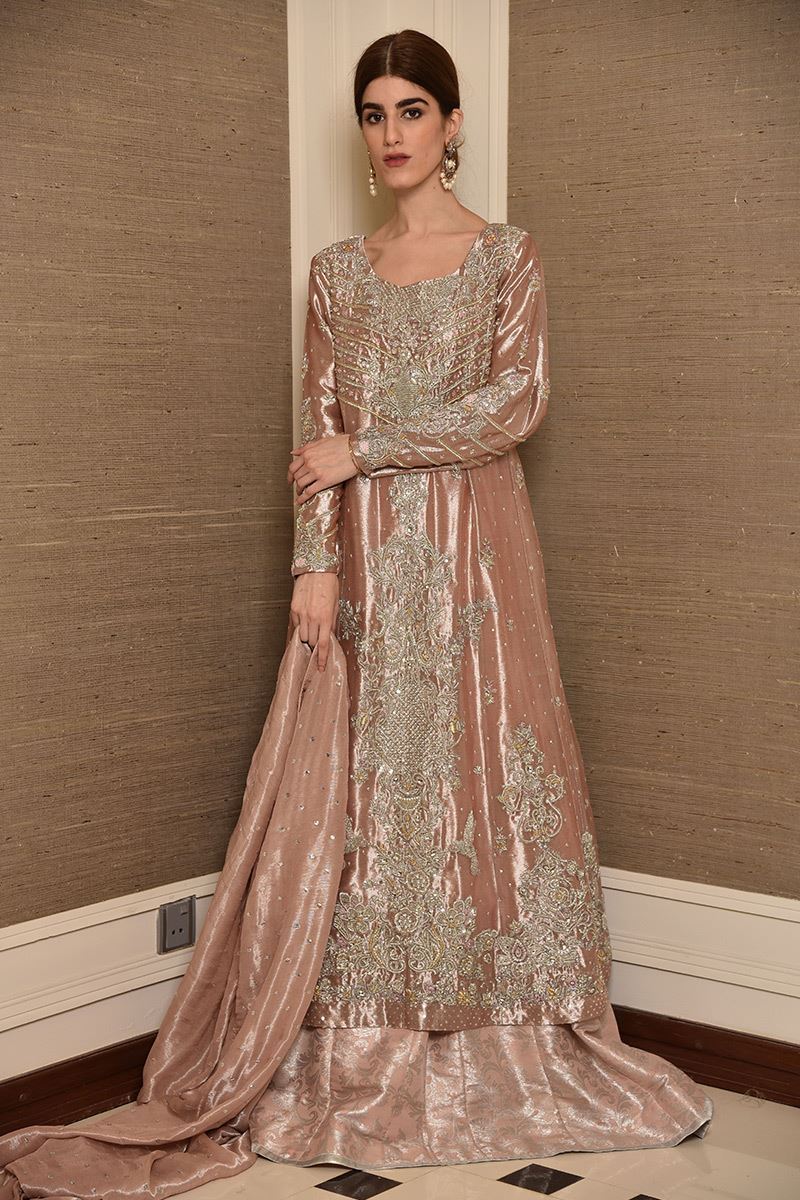 Pakistani Blush Pink Embellished Organza Masuri Lehenga (3-Piece) - Image 1