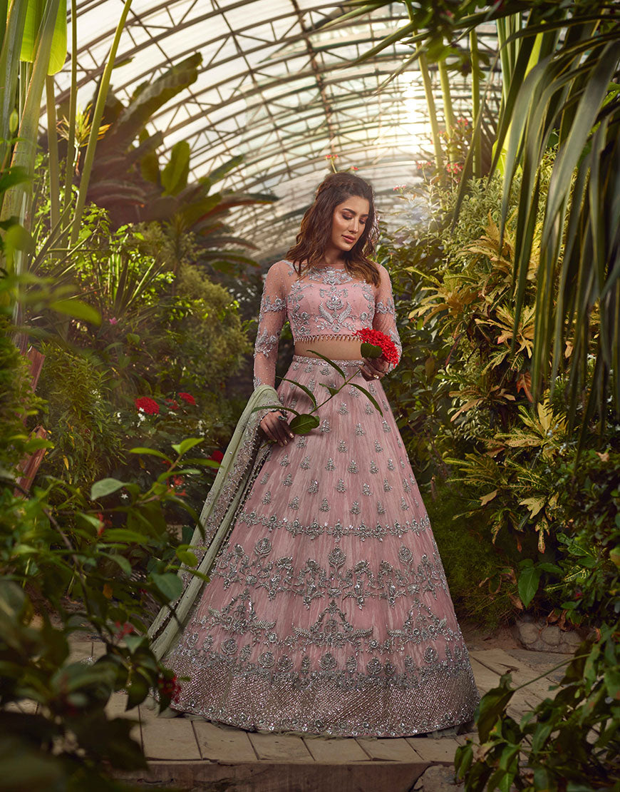Blush Pink Embellished Organza & Net Lehenga Choli (3-Piece) - Image 4