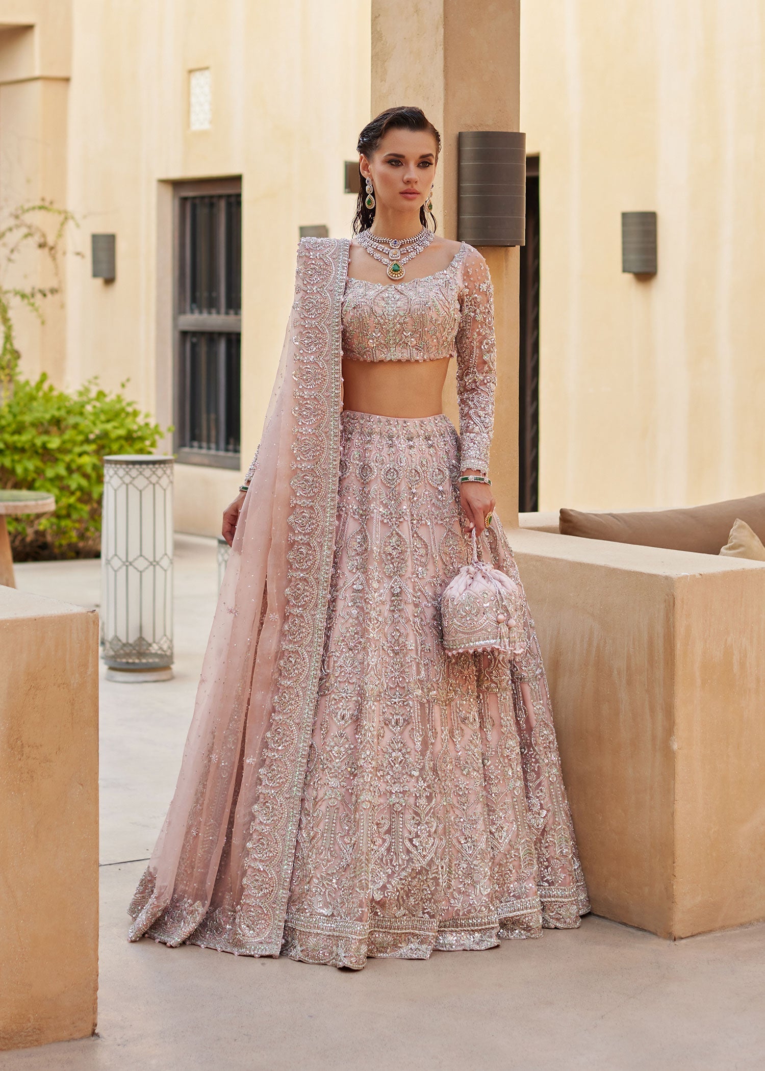 Pakistani Blush Pink Embroidered Organza Lehenga Choli (3-Piece) - Image 1