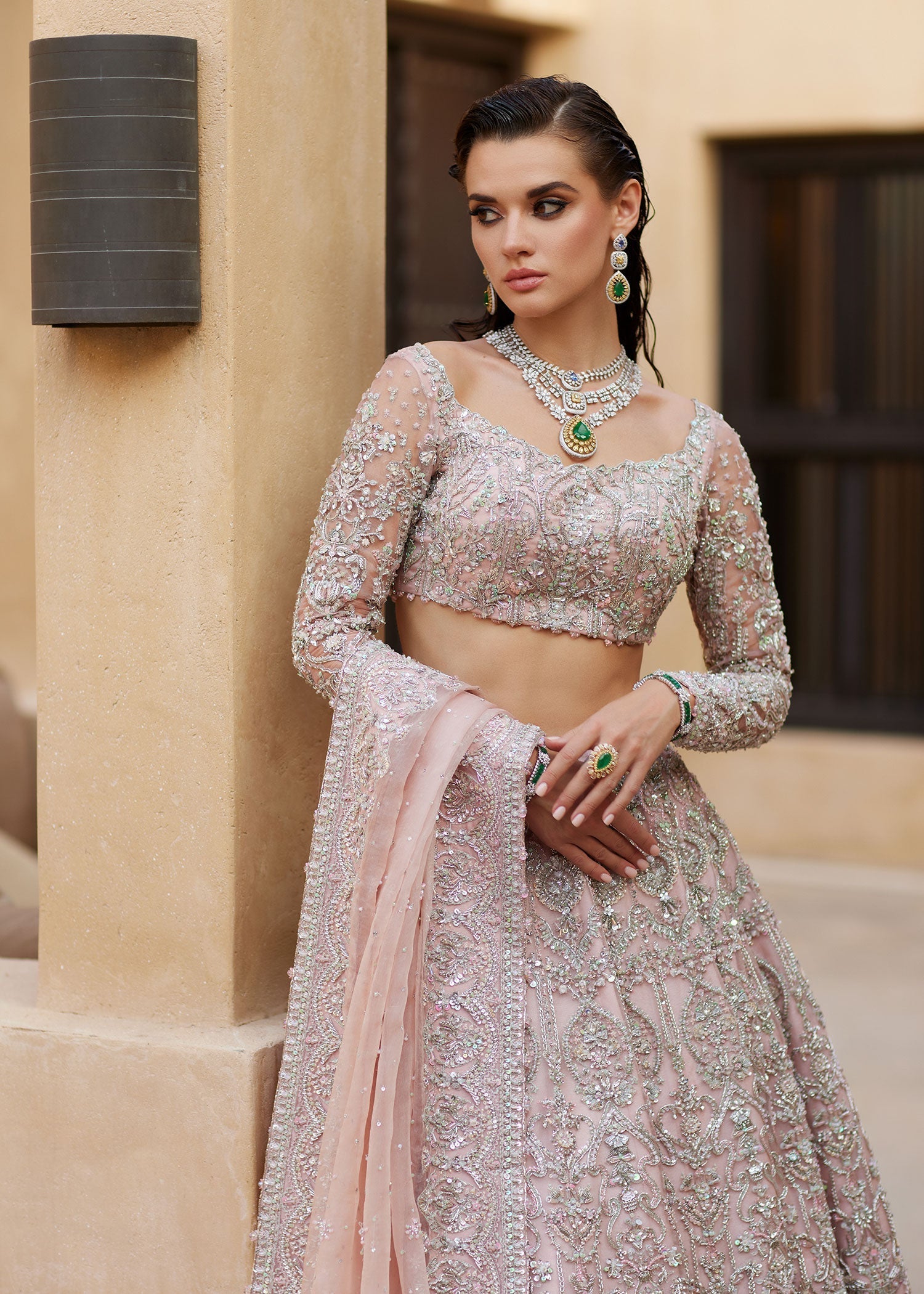 Pakistani Blush Pink Embroidered Organza Lehenga Choli (3-Piece) - Image 2