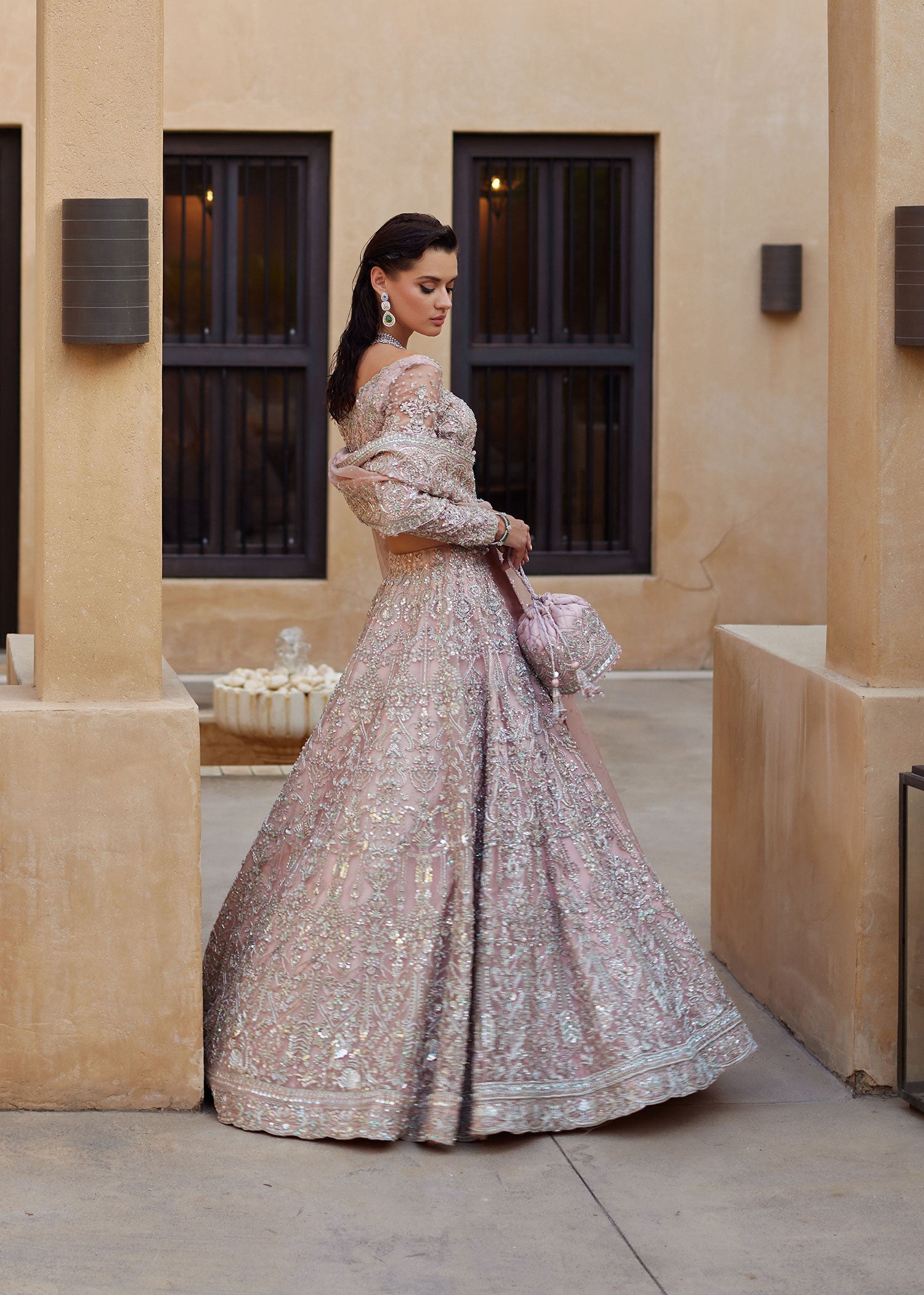 Pakistani Blush Pink Embroidered Organza Lehenga Choli (3-Piece) - Image 4