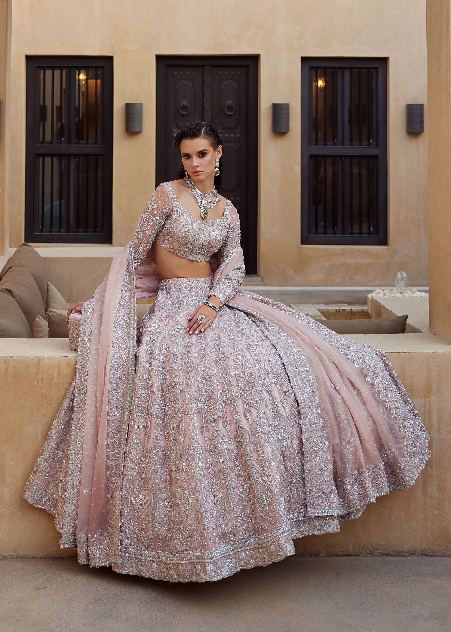 Pakistani Blush Pink Embroidered Organza Lehenga Choli (3-Piece) - Image 5