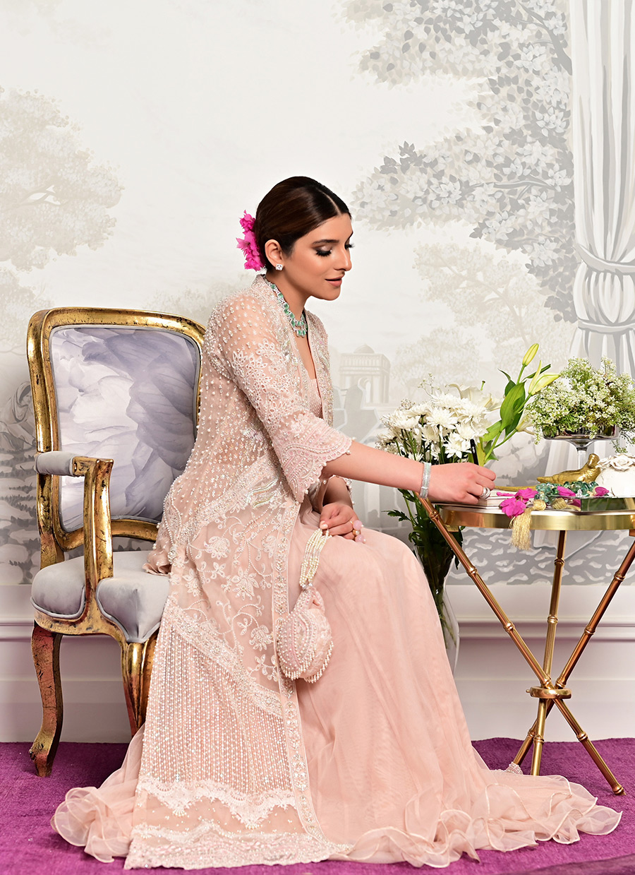 Pakistani Blush Pink Embellished Organza Jacket & Tulle Lehenga (3-Piece) - Image 2