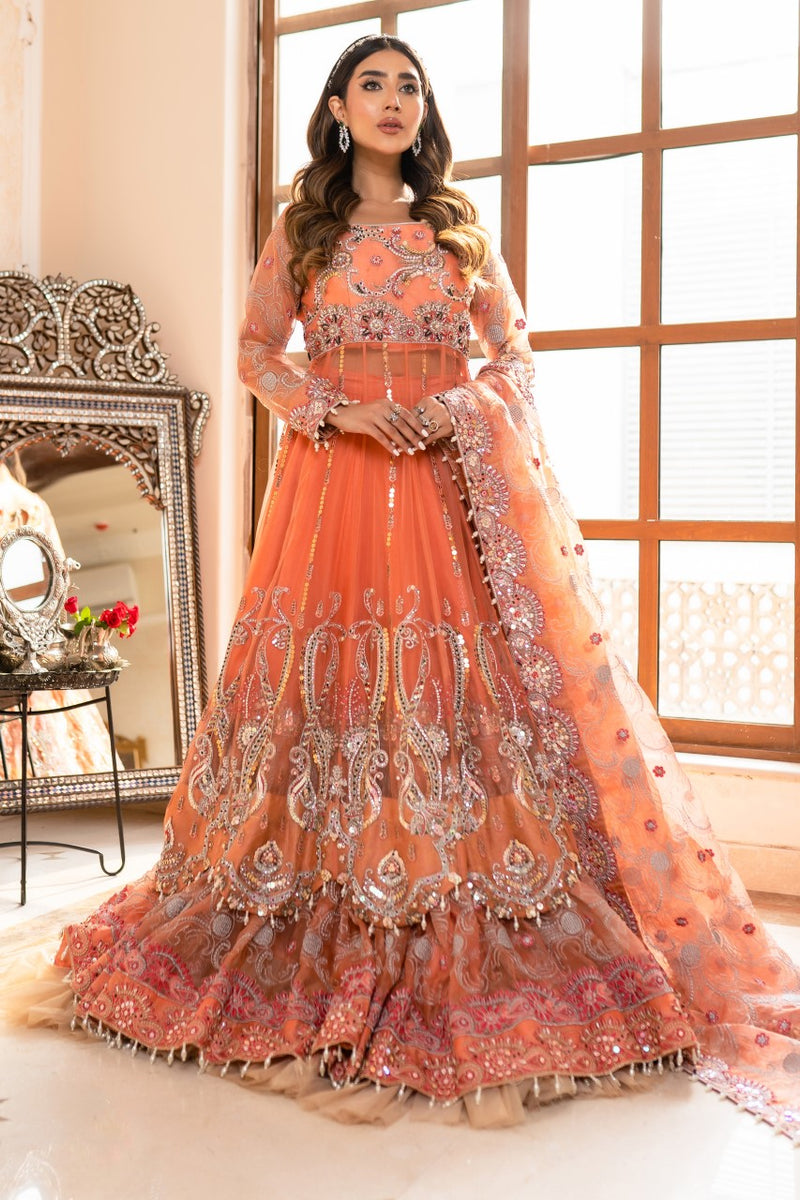Pakistani Peach Swarovski Zari Organza Lehenga Set (3-Piece) - Image 1