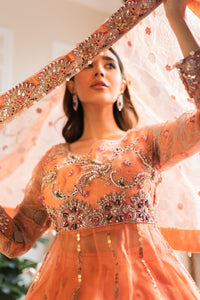 Pakistani Peach Swarovski Zari Organza Lehenga Set (3-Piece) - Image 6