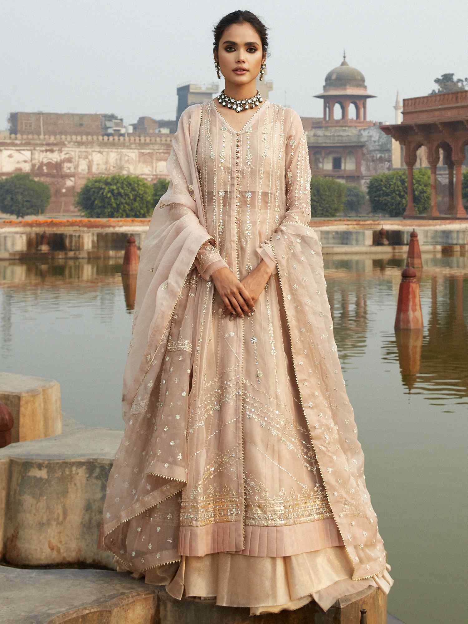 Pakistani Opal Pink Zardozi Organza Kalidar Lehenga (3-Piece) - Image 1