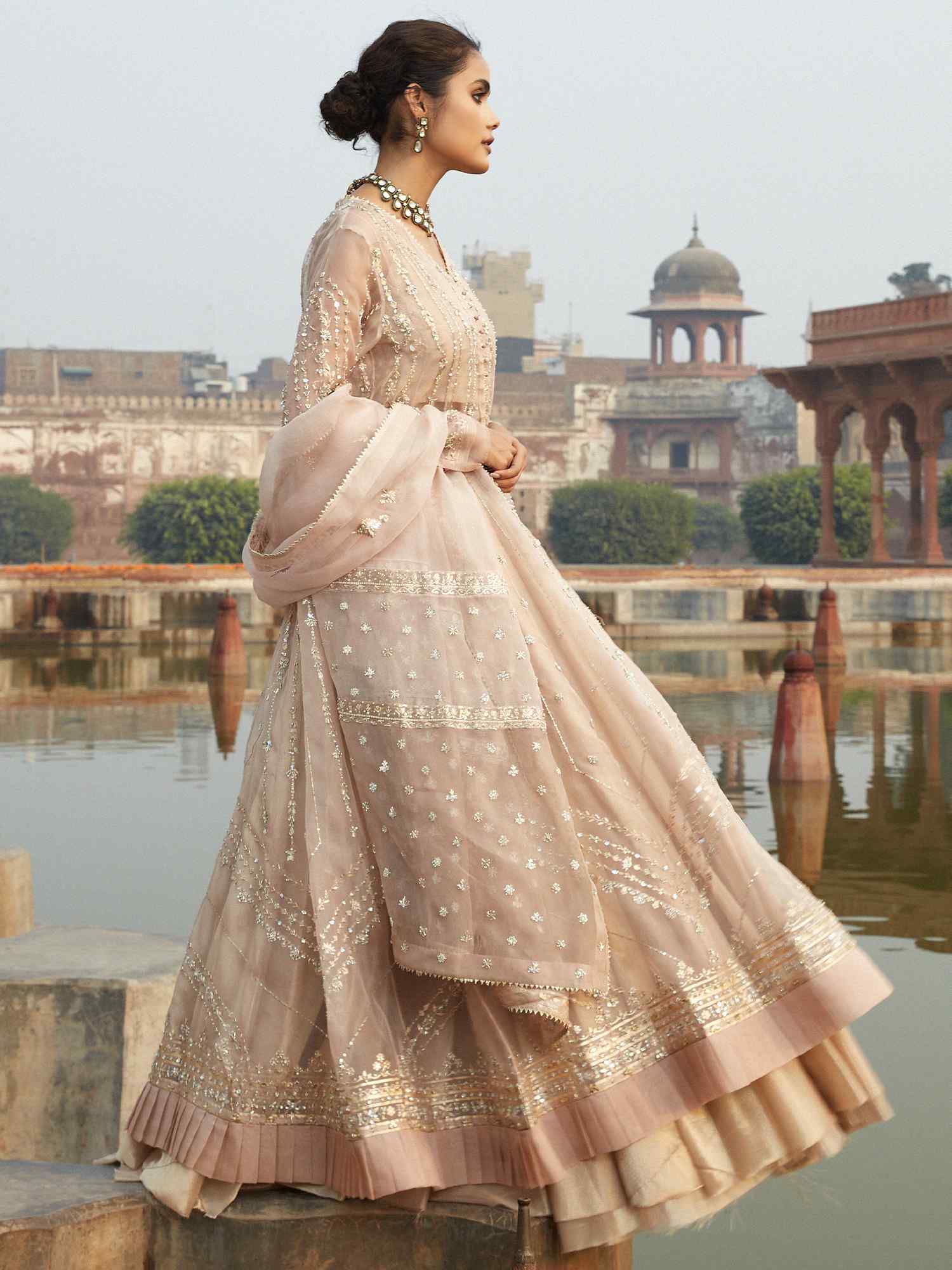 Pakistani Opal Pink Zardozi Organza Kalidar Lehenga (3-Piece) - Image 2